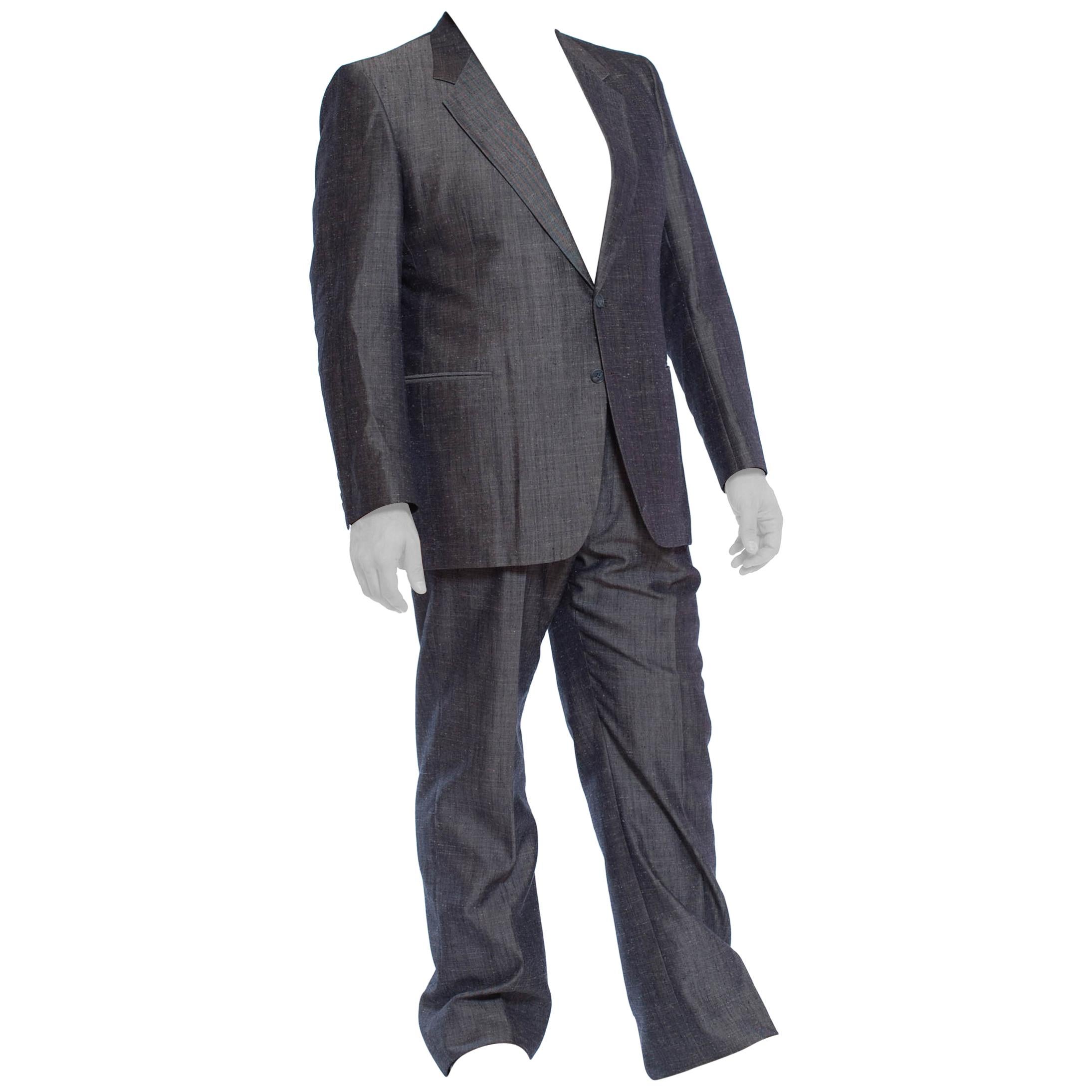 1980'S Silver Blue Silk Blend Sharkskin Men's 60S Style Pant Suit