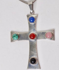 1980s Silver Cross Multi Stone Necklace