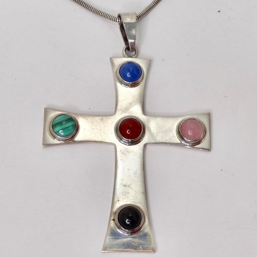 1980s Silver Cross Multi Stone Necklace In Good Condition For Sale In Scottsdale, AZ