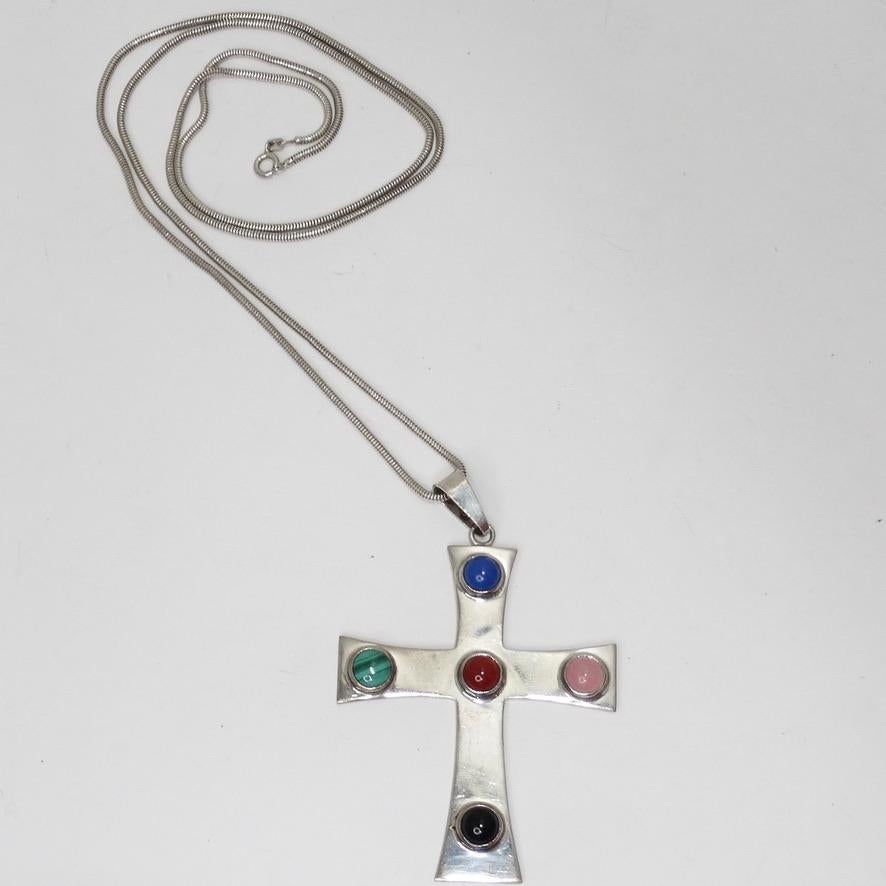 Women's or Men's 1980s Silver Cross Multi Stone Necklace For Sale