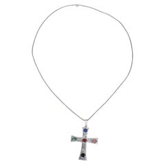 1980er Jahre Silber Kreuz Multi Stein Halskette