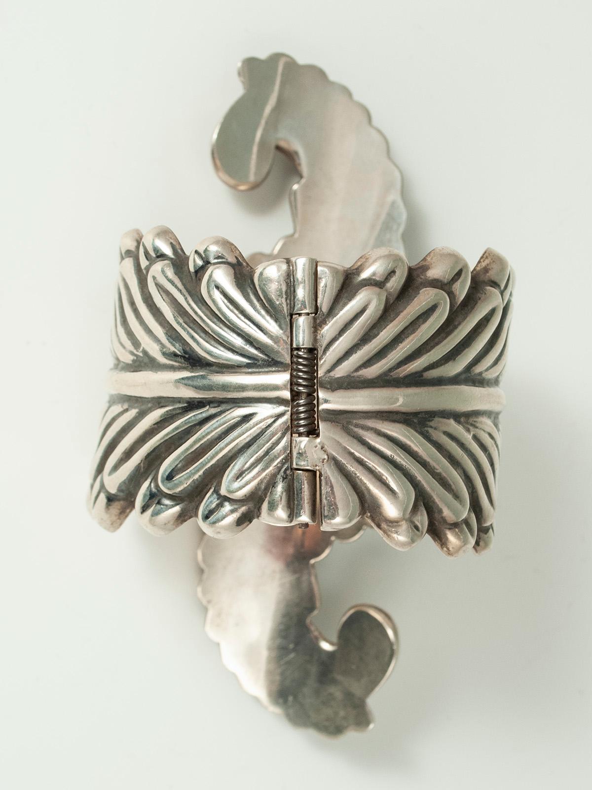 Mexican 1980s Silver Fern Clamper Bracelet, Taxco, Mexico