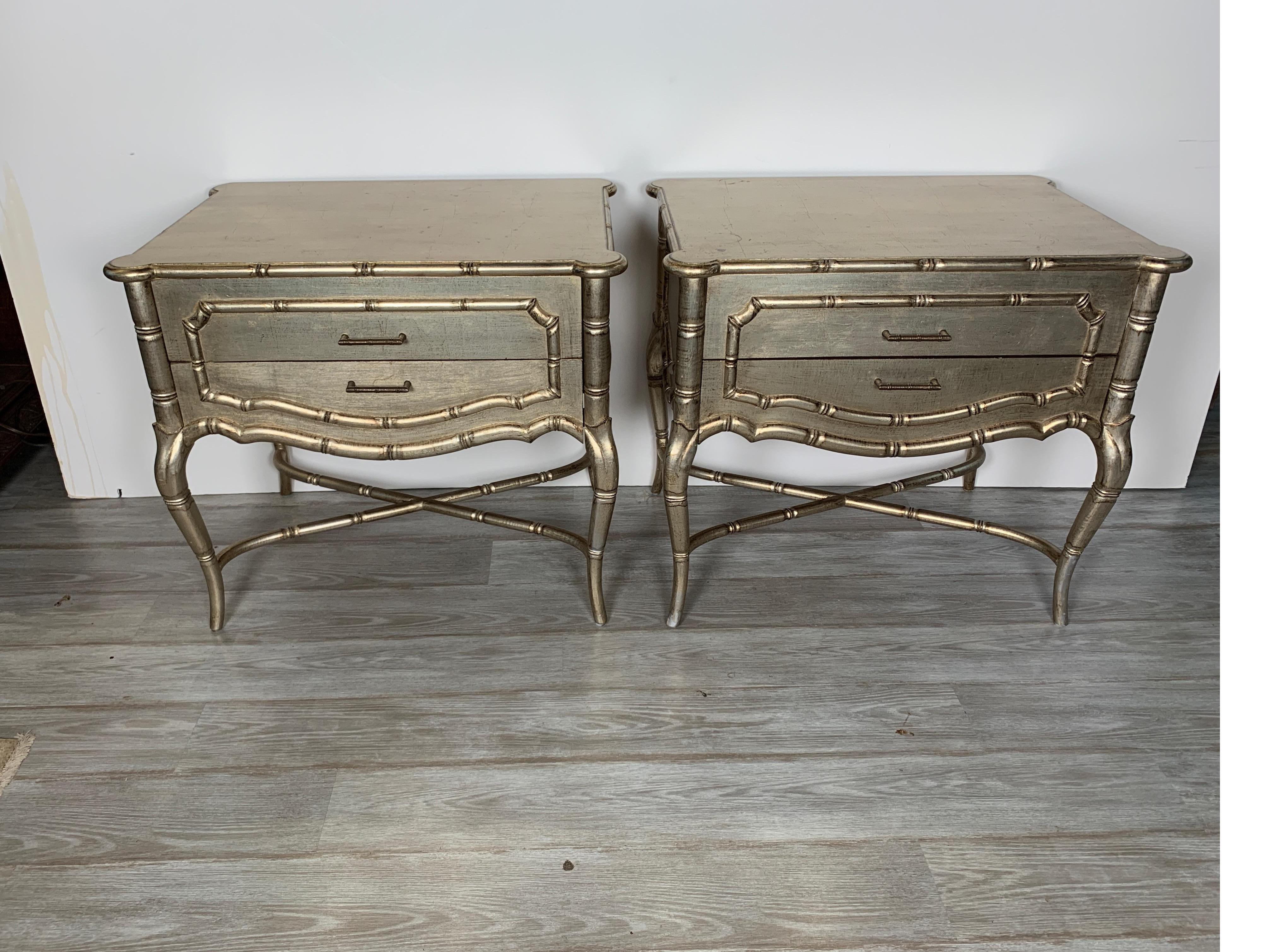 1980s silver giltwood faux bamboo style custom made side / end tables.