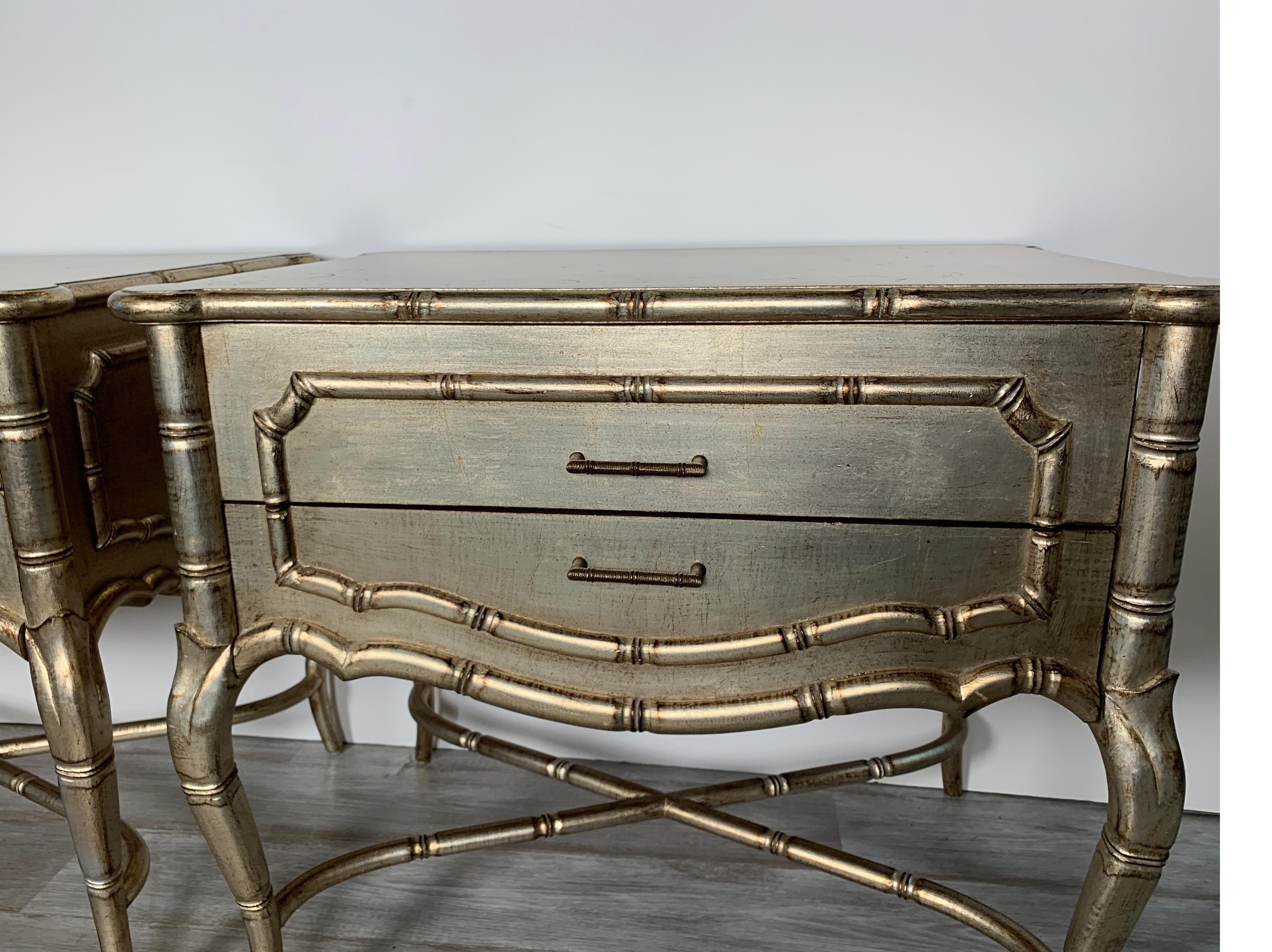 Hollywood Regency 1980s Silver Gilt Wood Faux Bamboo Style Custom Made Side / End Tables