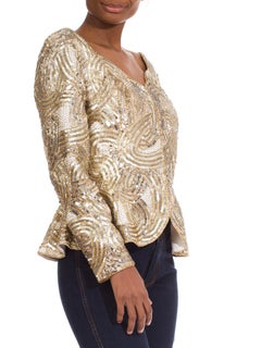 1980S Silver & Gold Beaded  "Dynasty" Style Long Sleeve Jacket Top With Peplum
