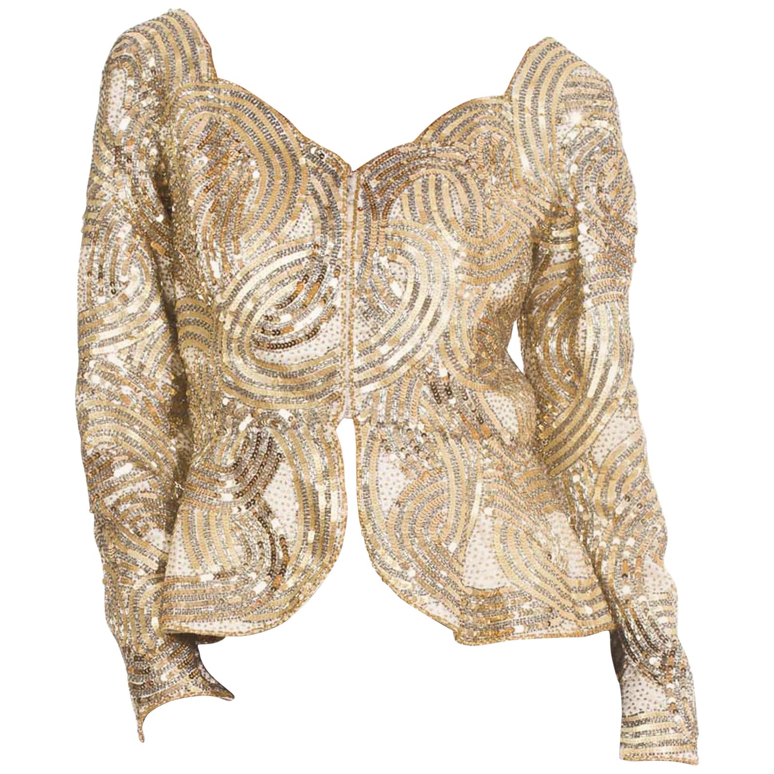 1980S Silver & Gold Beaded  "Dynasty" Style Long Sleeve Jacket Top With Peplum For Sale