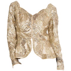 Vintage 1980S Silver & Gold Beaded  "Dynasty" Style Long Sleeve Jacket Top With Peplum