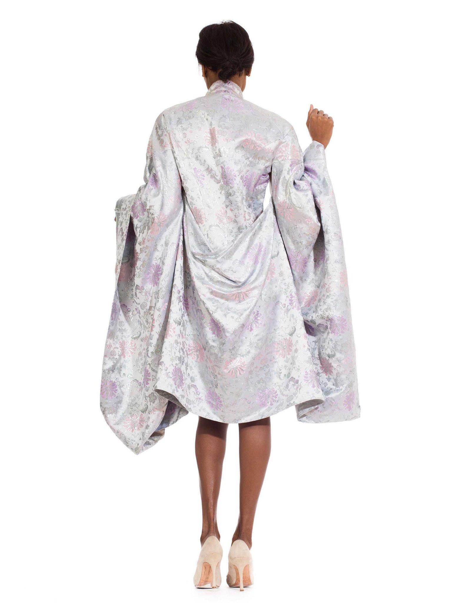 1980S Silver Metallic Silk Kimono Oversizes Sleeves 1