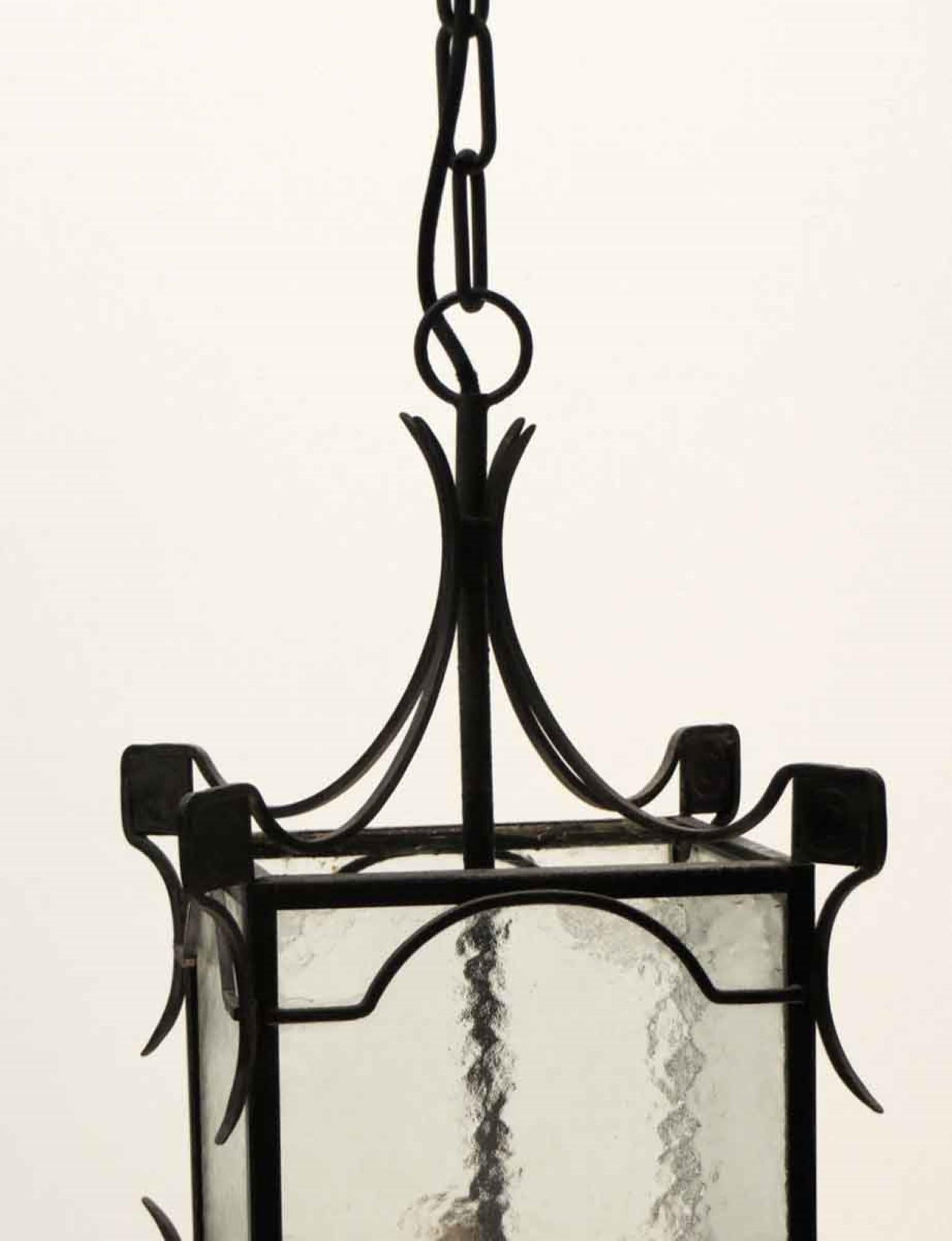 Late 20th Century 1980s Simple Wrought Iron and Clear Hammered Glass Pendant Ceiling Lantern