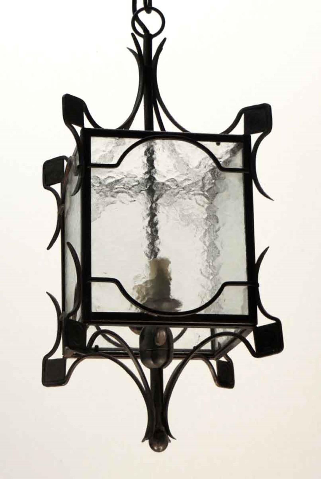 1980s Simple Wrought Iron and Clear Hammered Glass Pendant Ceiling Lantern 1