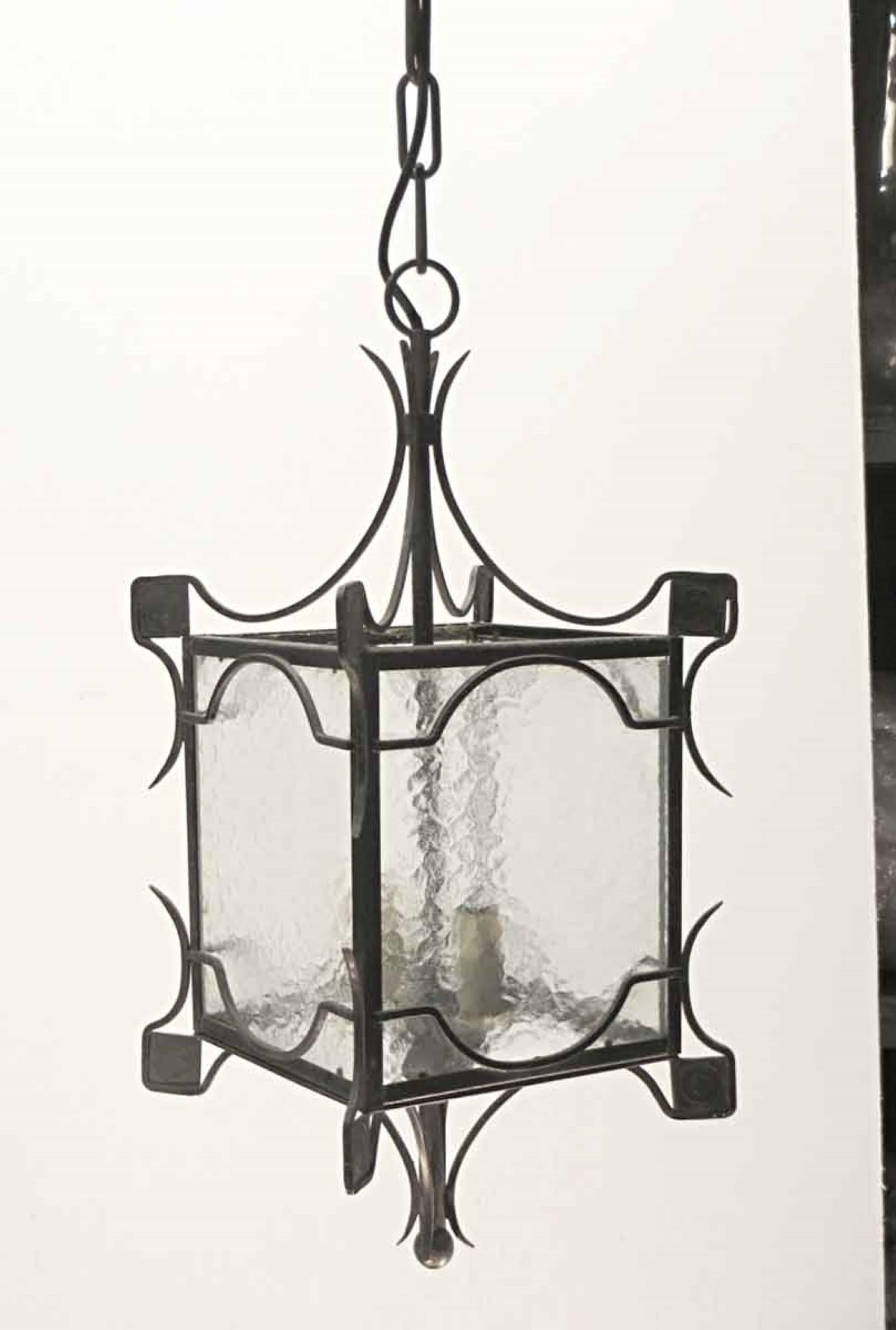 1980s Simple Wrought Iron and Clear Hammered Glass Pendant Ceiling Lantern 2