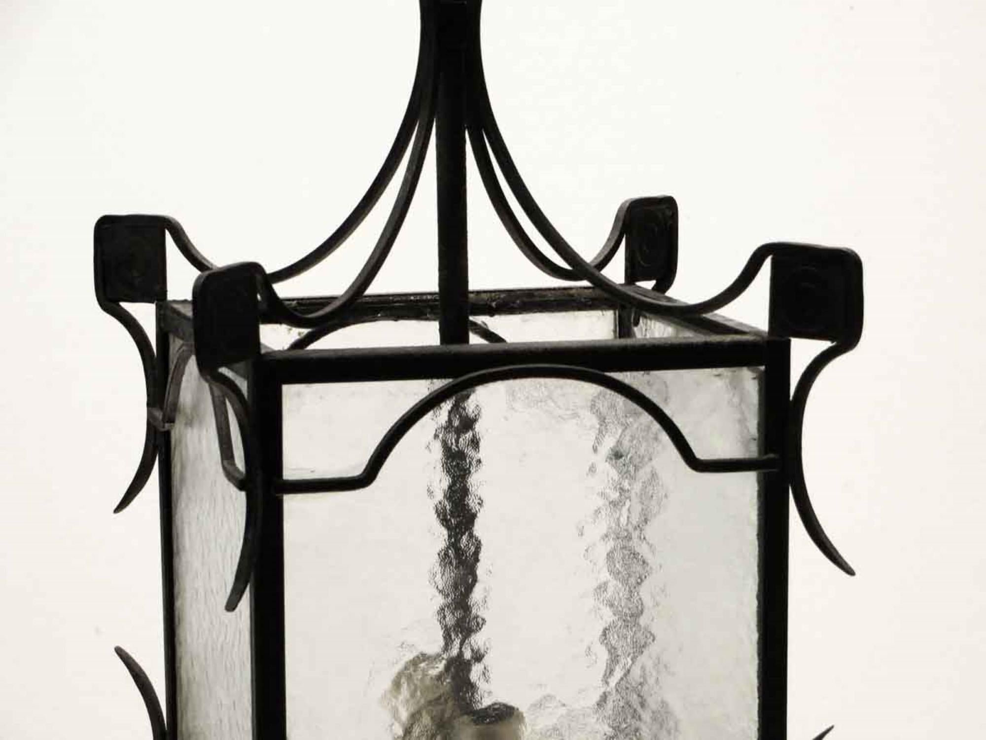 1980s Simple Wrought Iron and Clear Hammered Glass Pendant Ceiling Lantern 3