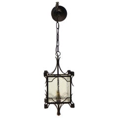 1980s Simple Wrought Iron and Clear Hammered Glass Pendant Ceiling Lantern