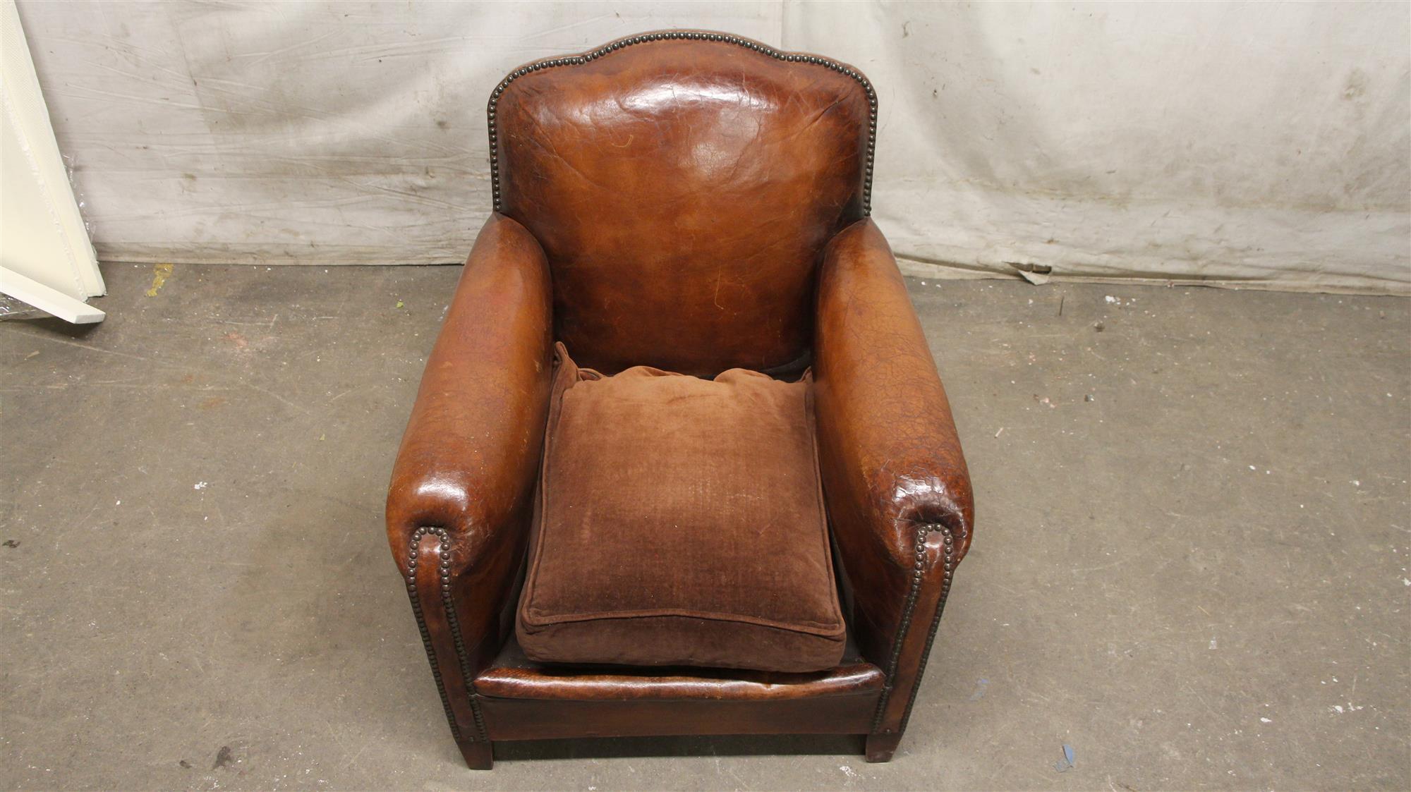 1980s Single French Leather Club Chair with Wooden Feet in a Brown Tone In Good Condition In New York, NY