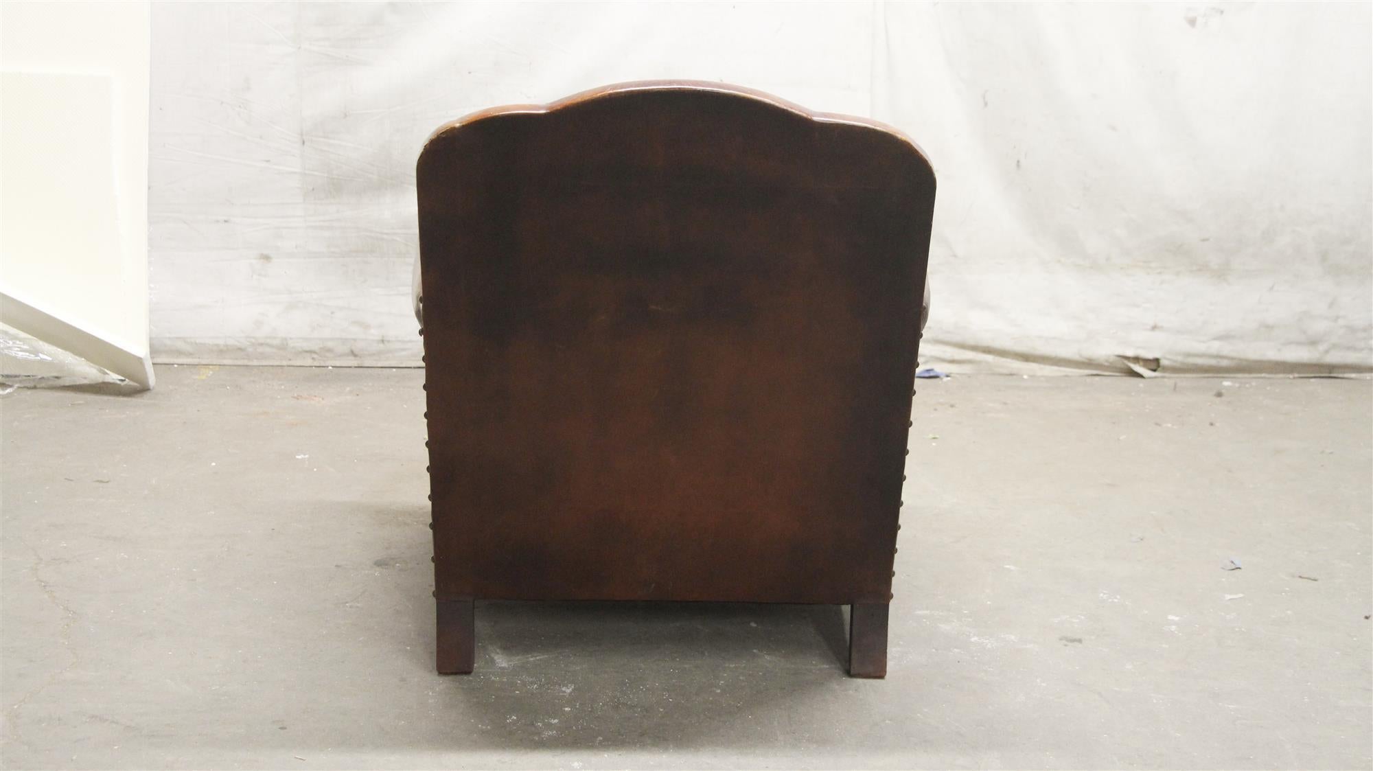 1980s Single French Leather Club Chair with Wooden Feet in a Brown Tone 2