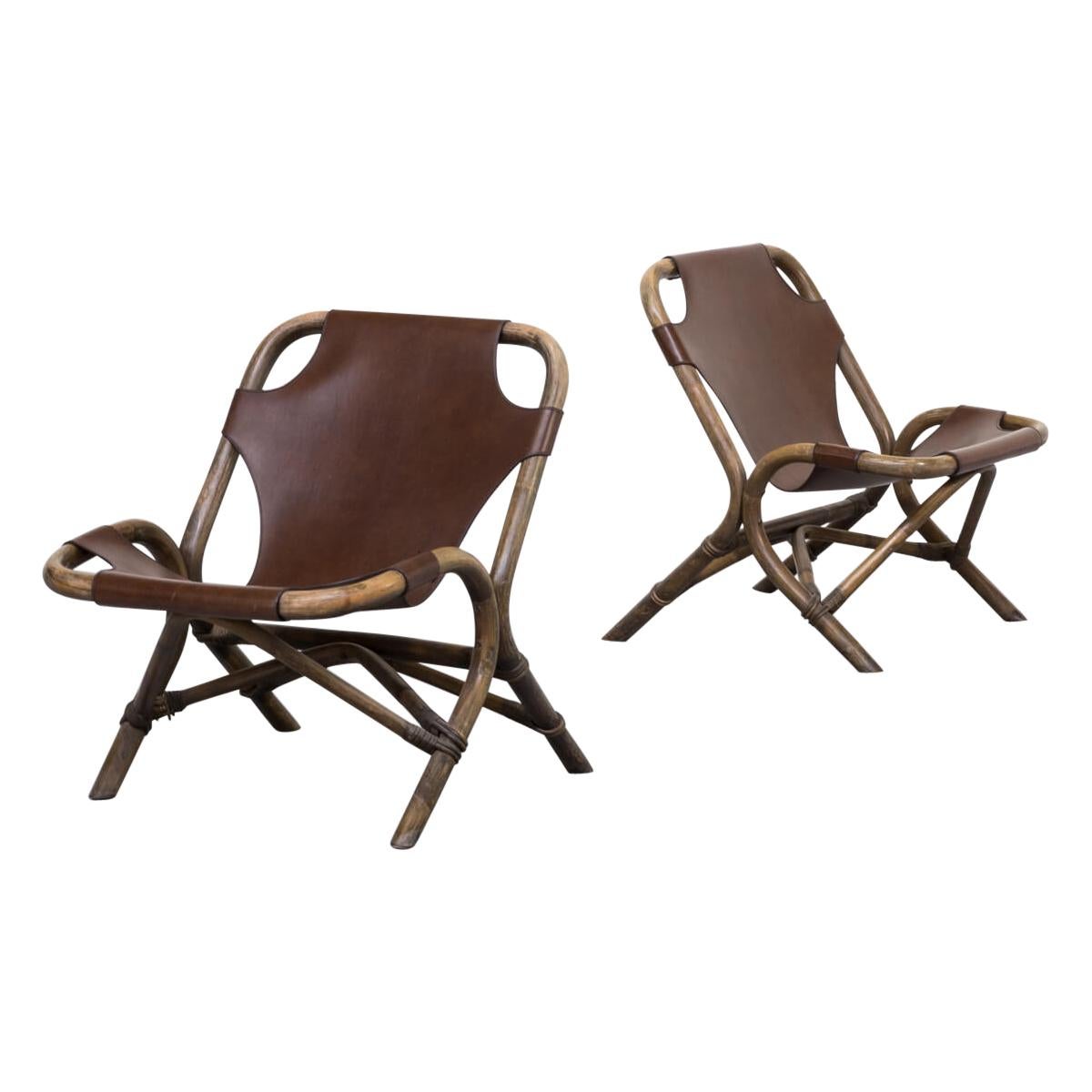 1980s Skai Leather Lounge Chairs, Bamboo Frame For Sale