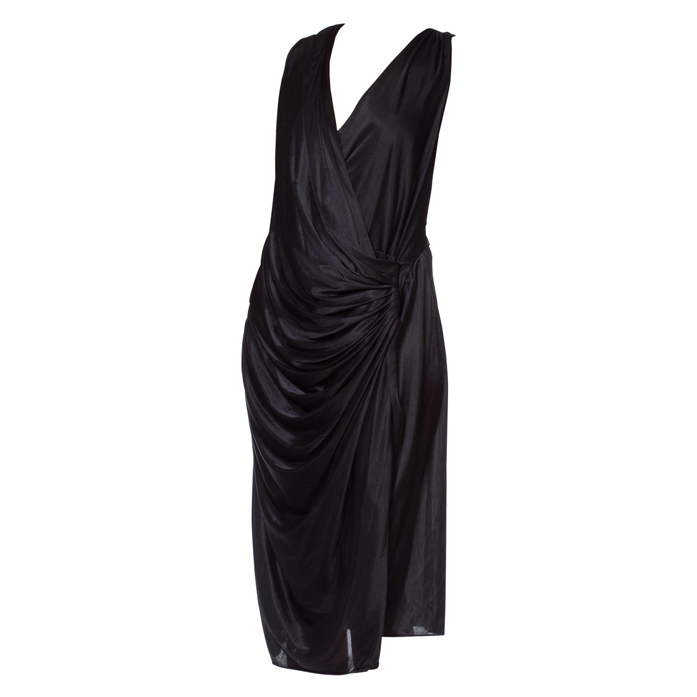 1980'S Black Polyester Tricot Jersey Slinky Vionnet Inspired Cocktail Dress For Sale
