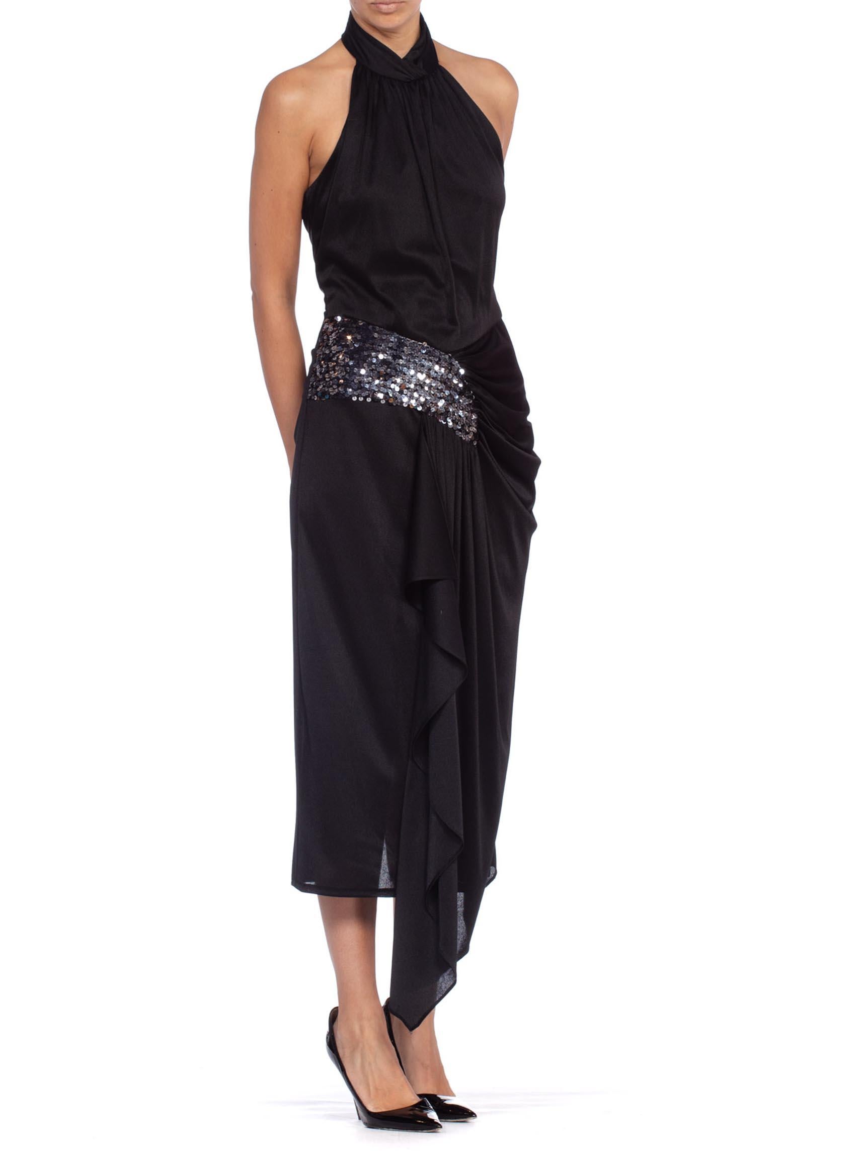 1980'S Black Polyester Jersey Slinky Disco Party Halter Dress With Silver Sequins