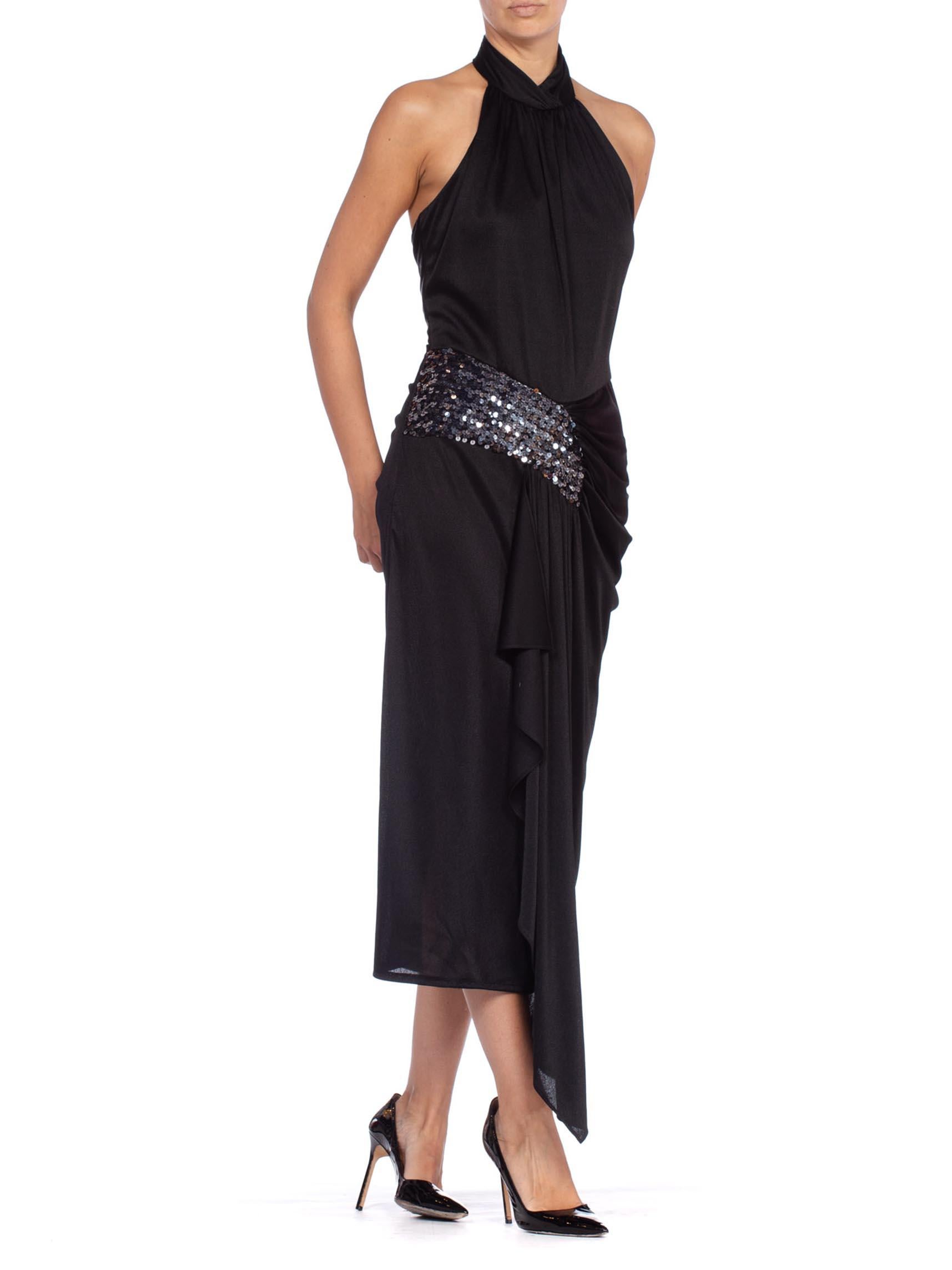 Women's 1980'S Black Polyester Jersey Slinky Disco Party Halter Dress With Silver Sequi For Sale