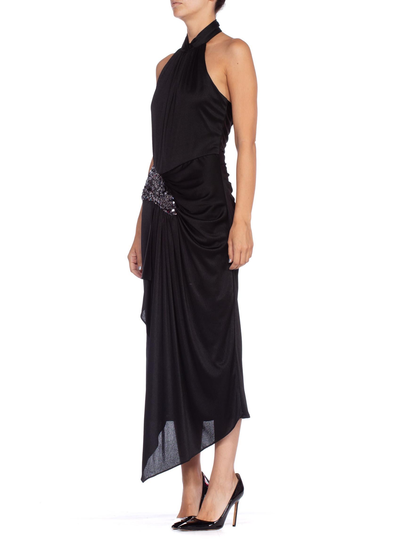 1980'S Black Polyester Jersey Slinky Disco Party Halter Dress With Silver Sequi For Sale 1