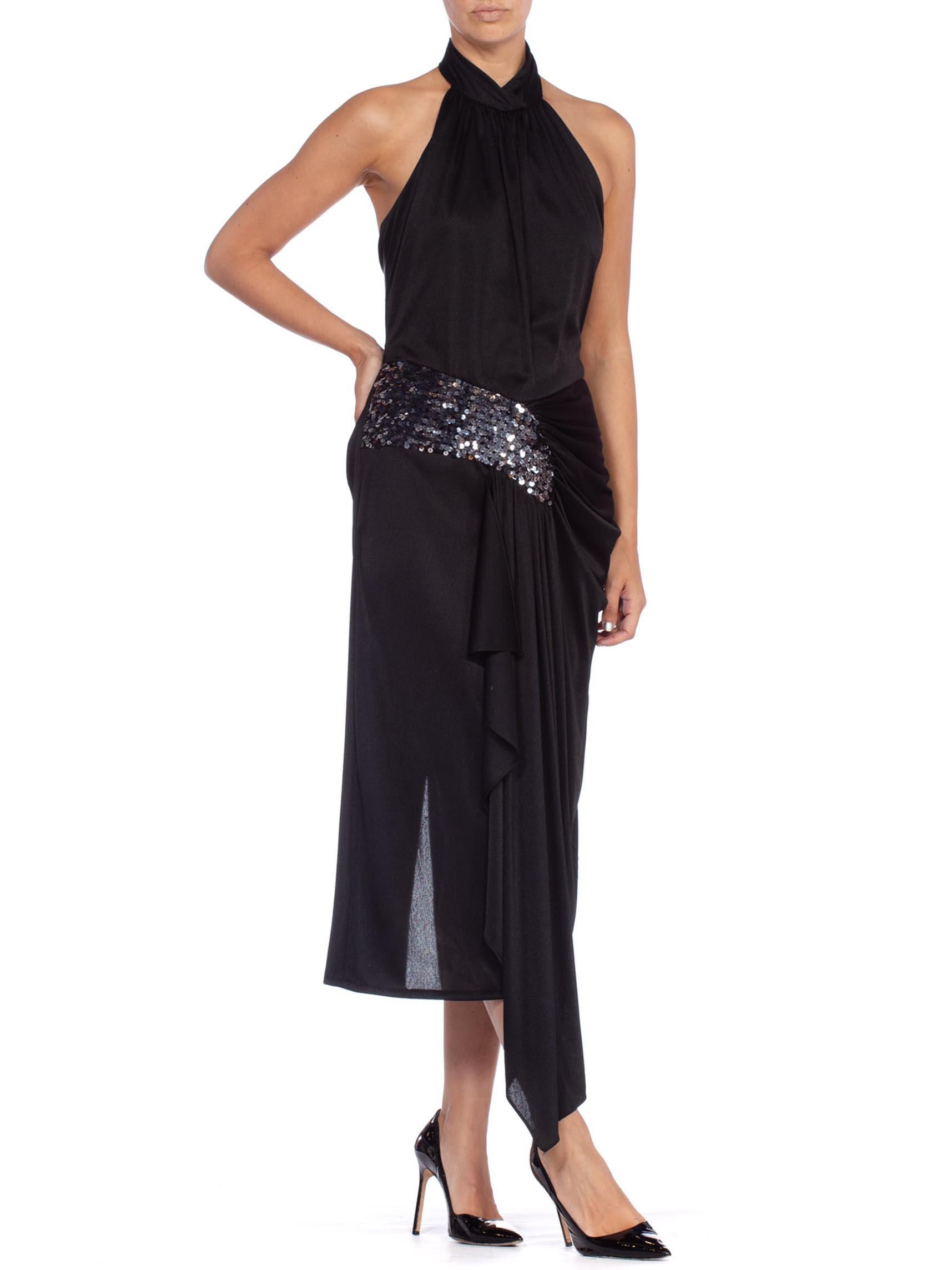 1980'S Black Polyester Jersey Slinky Disco Party Halter Dress With Silver Sequi For Sale 2
