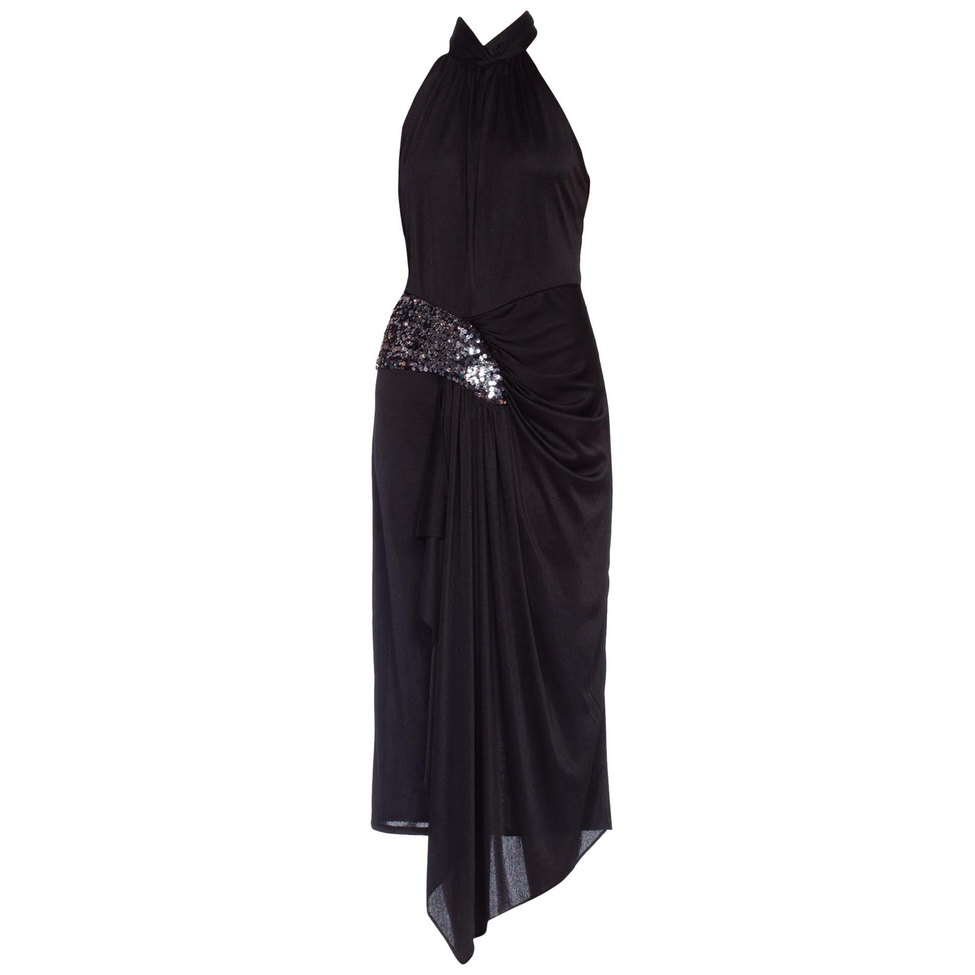 1980'S Black Polyester Jersey Slinky Disco Party Halter Dress With Silver Sequi For Sale