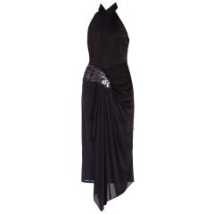 1980'S Black Polyester Jersey Slinky Disco Party Halter Dress With Silver Sequi