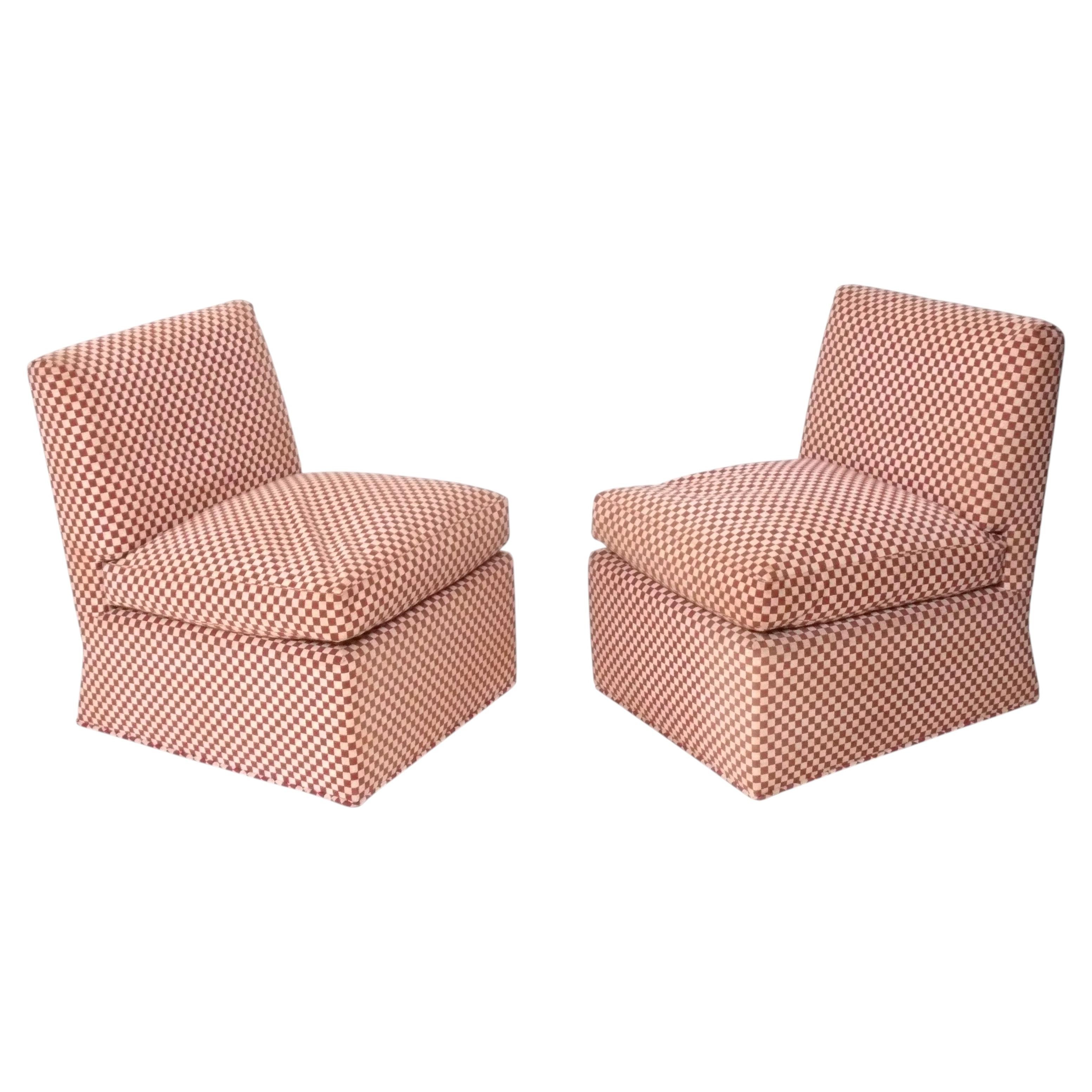 1980s Slipper Lounge Chairs in Original Checkered Fabric Mid Century Modern For Sale