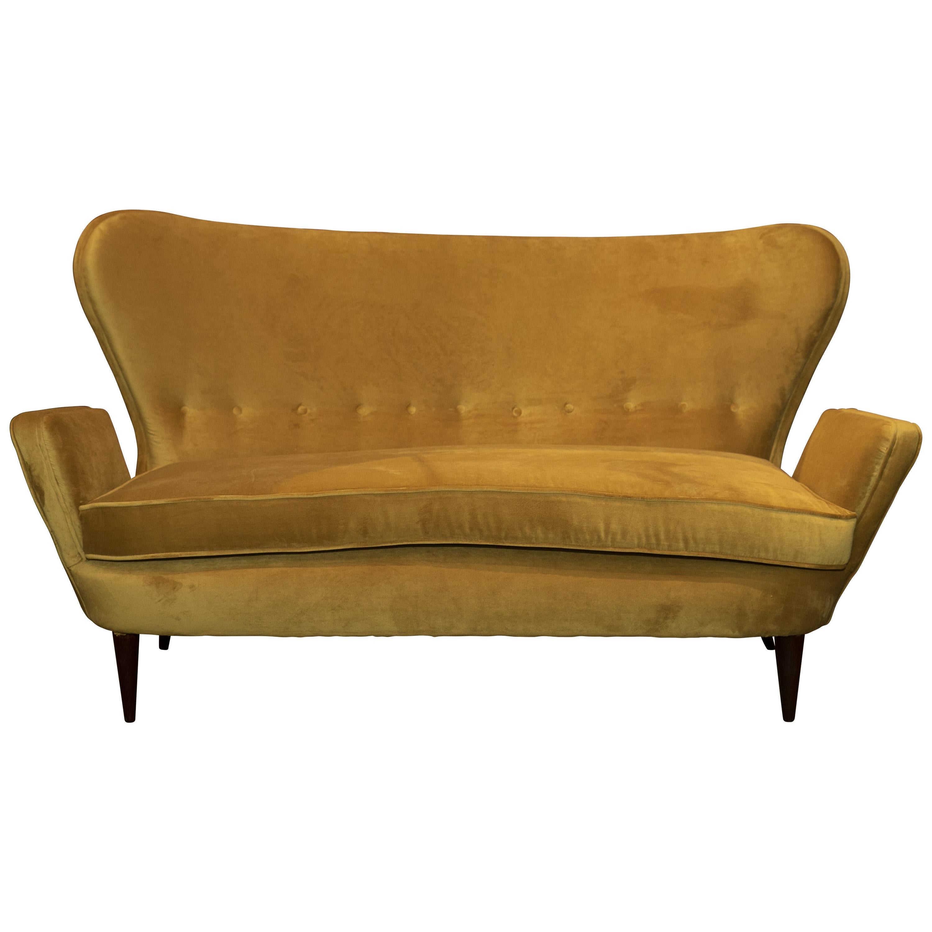 1980s Sofa and Armchair, New Ocher Coating and Upholstery, Made in Italy 1980's For Sale
