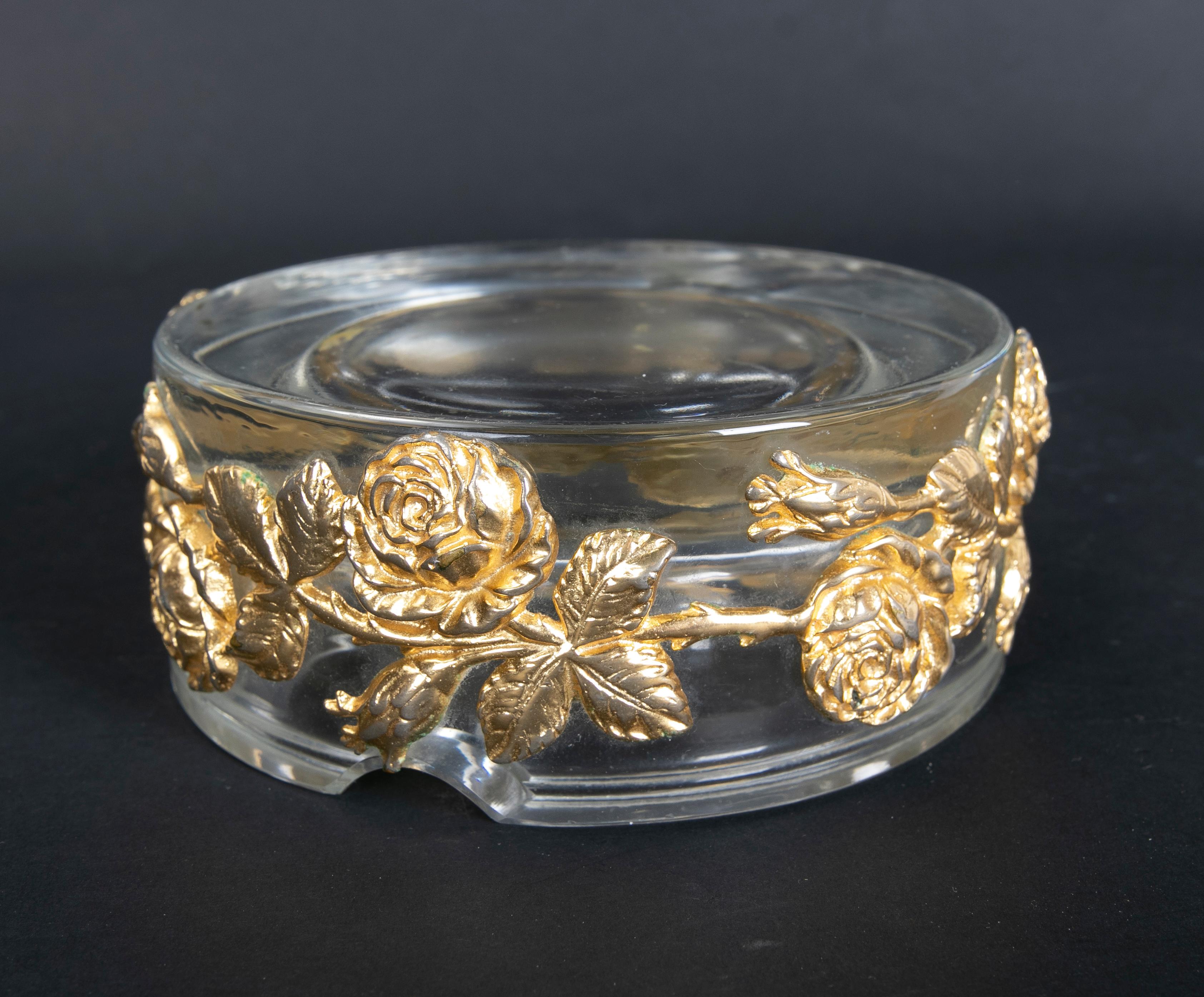 1980s Solid Glass Ashtray with Bronze Flowers Decoration 2