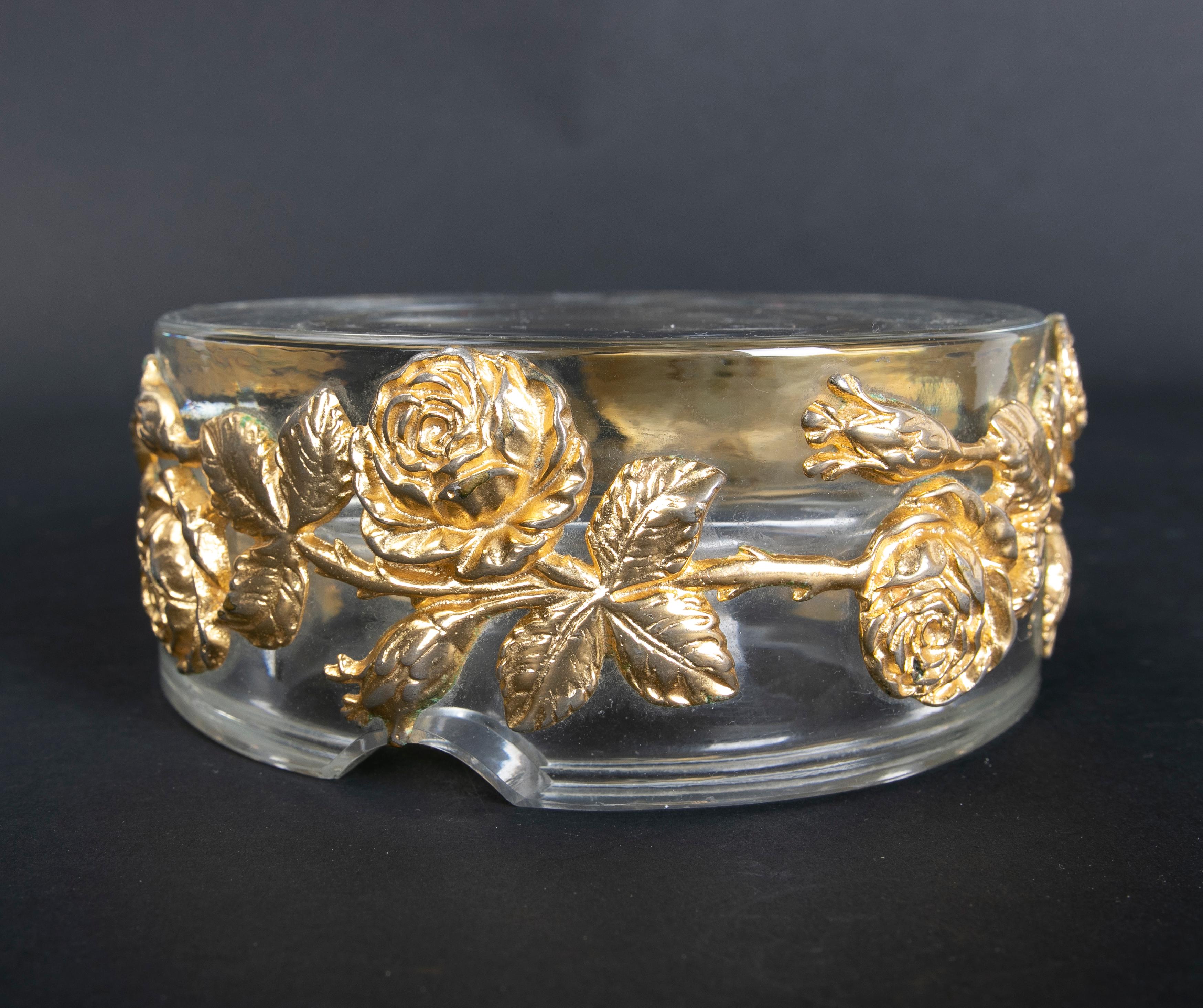 1980s Solid Glass Ashtray with Bronze Flowers Decoration 3