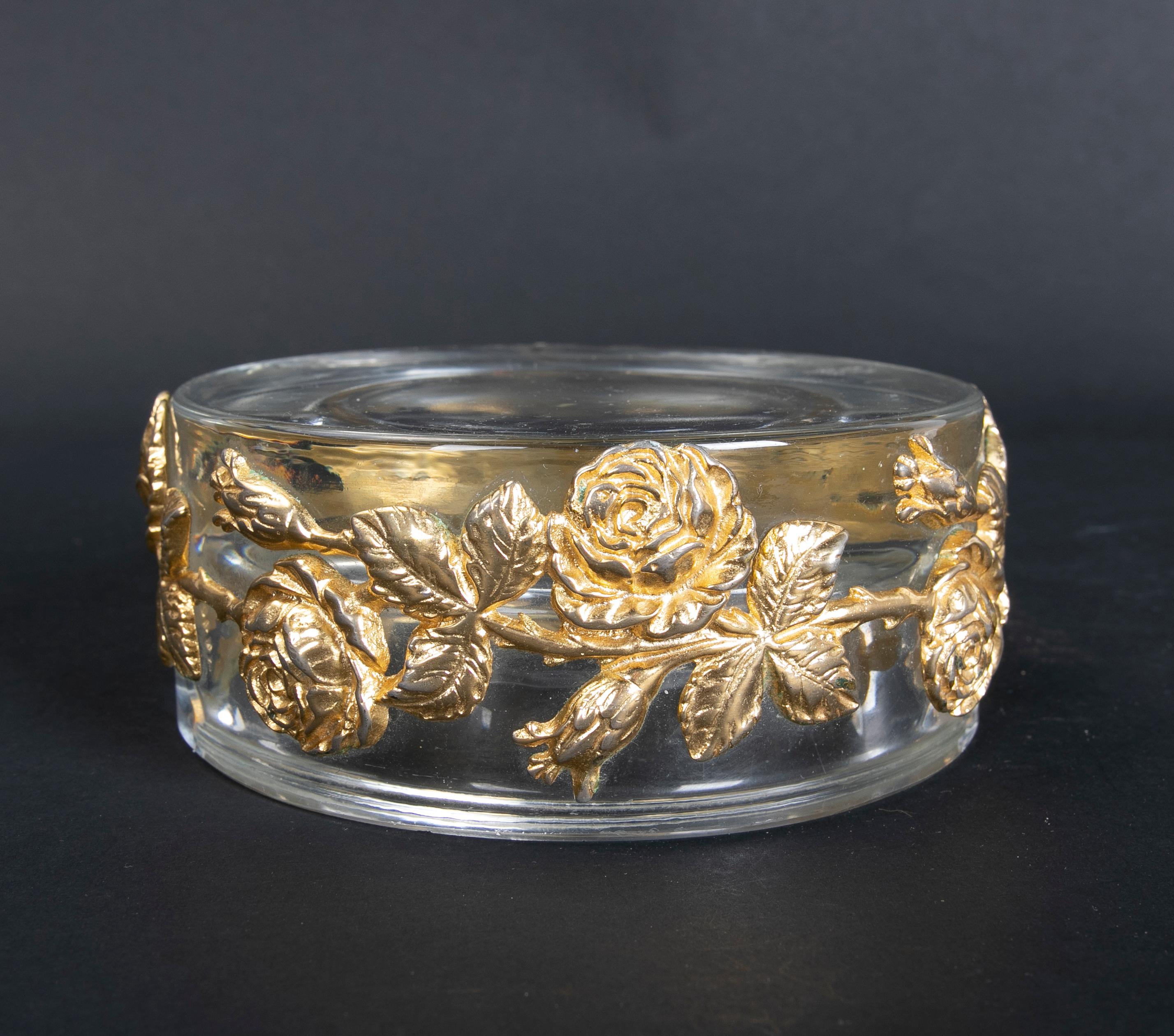 1980s Solid Glass Ashtray with Bronze Flowers Decoration 4