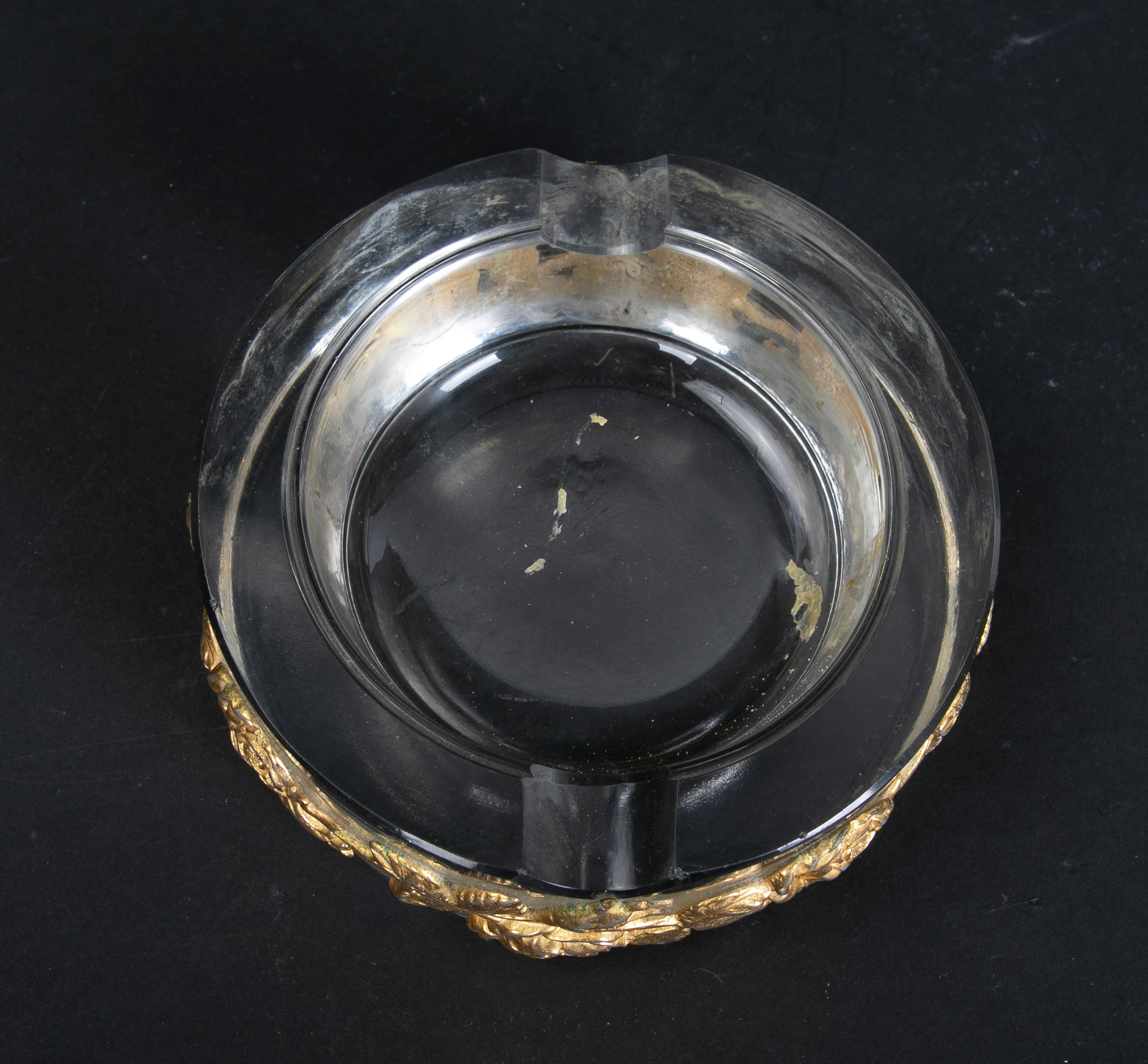 1980s Solid Glass Ashtray with Bronze Flowers Decoration 5