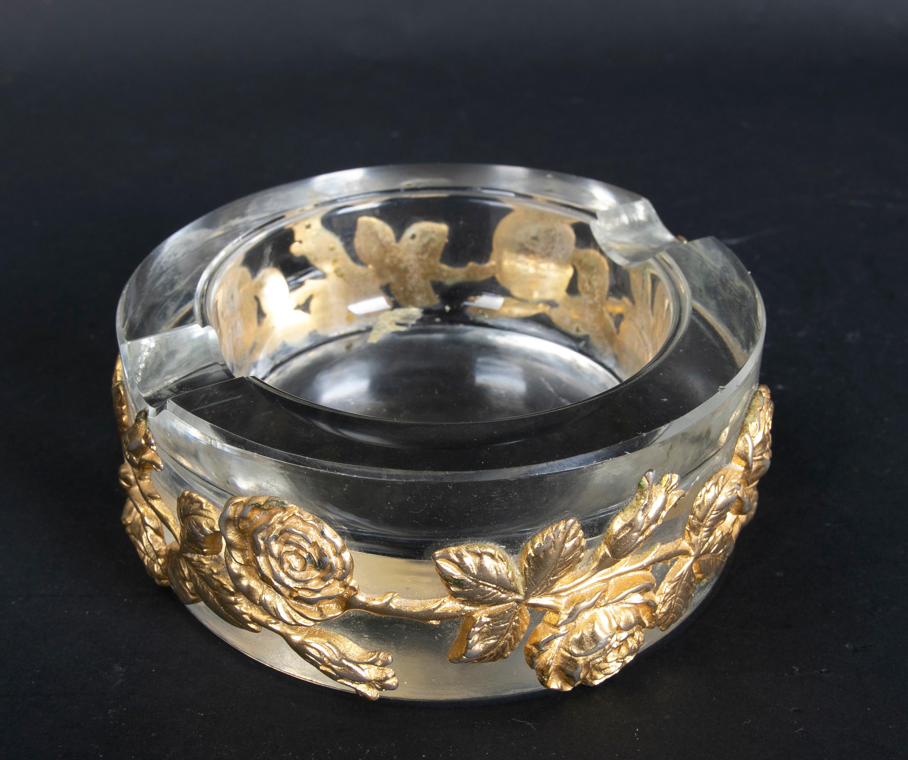 1980s Solid Glass Ashtray with Bronze Flowers Decoration 6