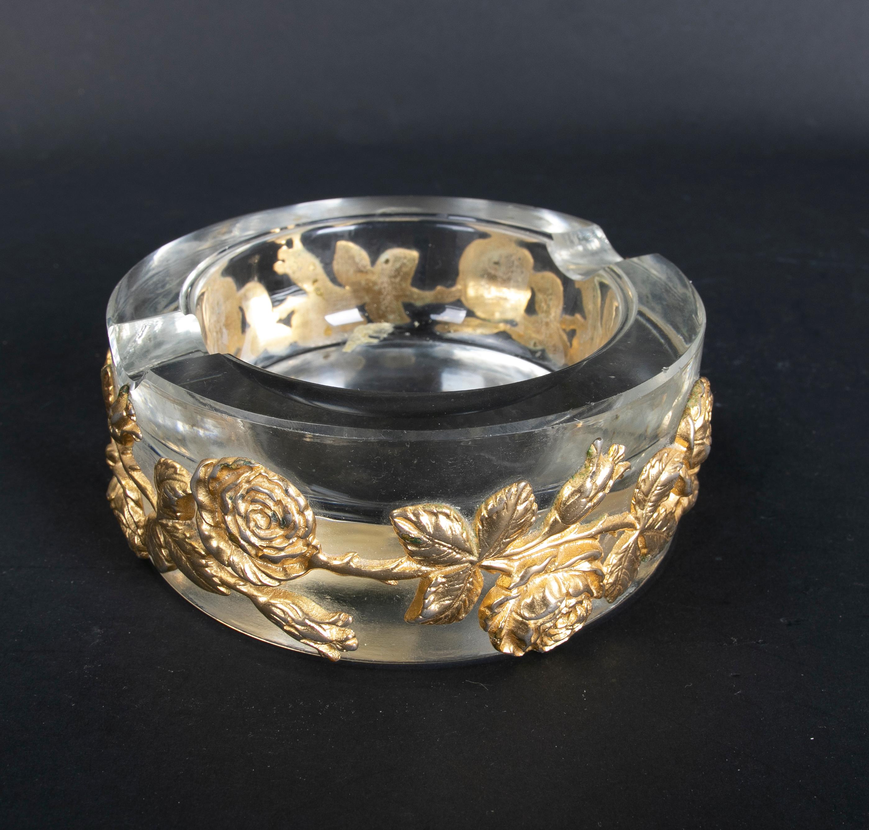 1980s Solid Glass Ashtray with Bronze Flowers Decoration 7