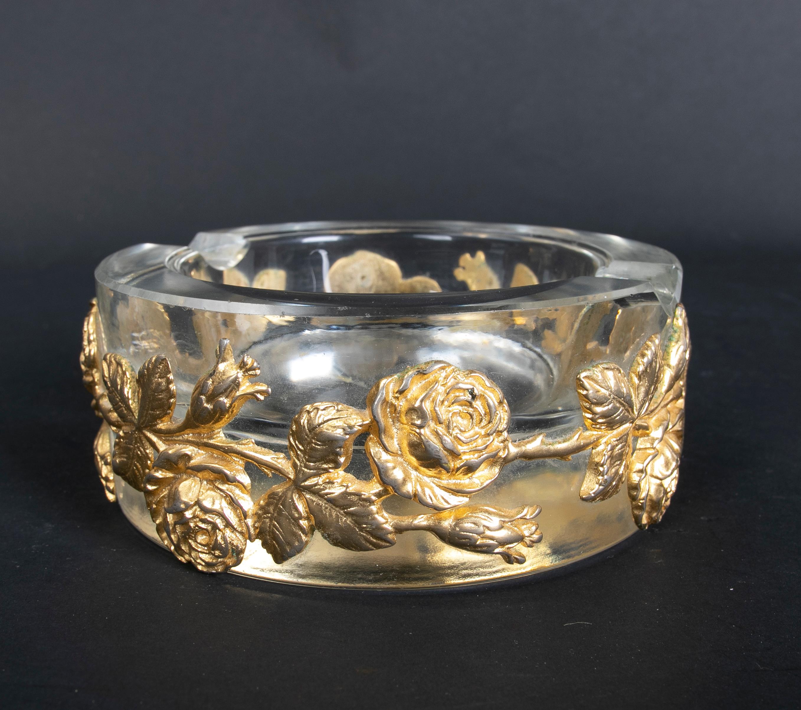 1980s Solid Glass Ashtray with Bronze Flowers Decoration 8