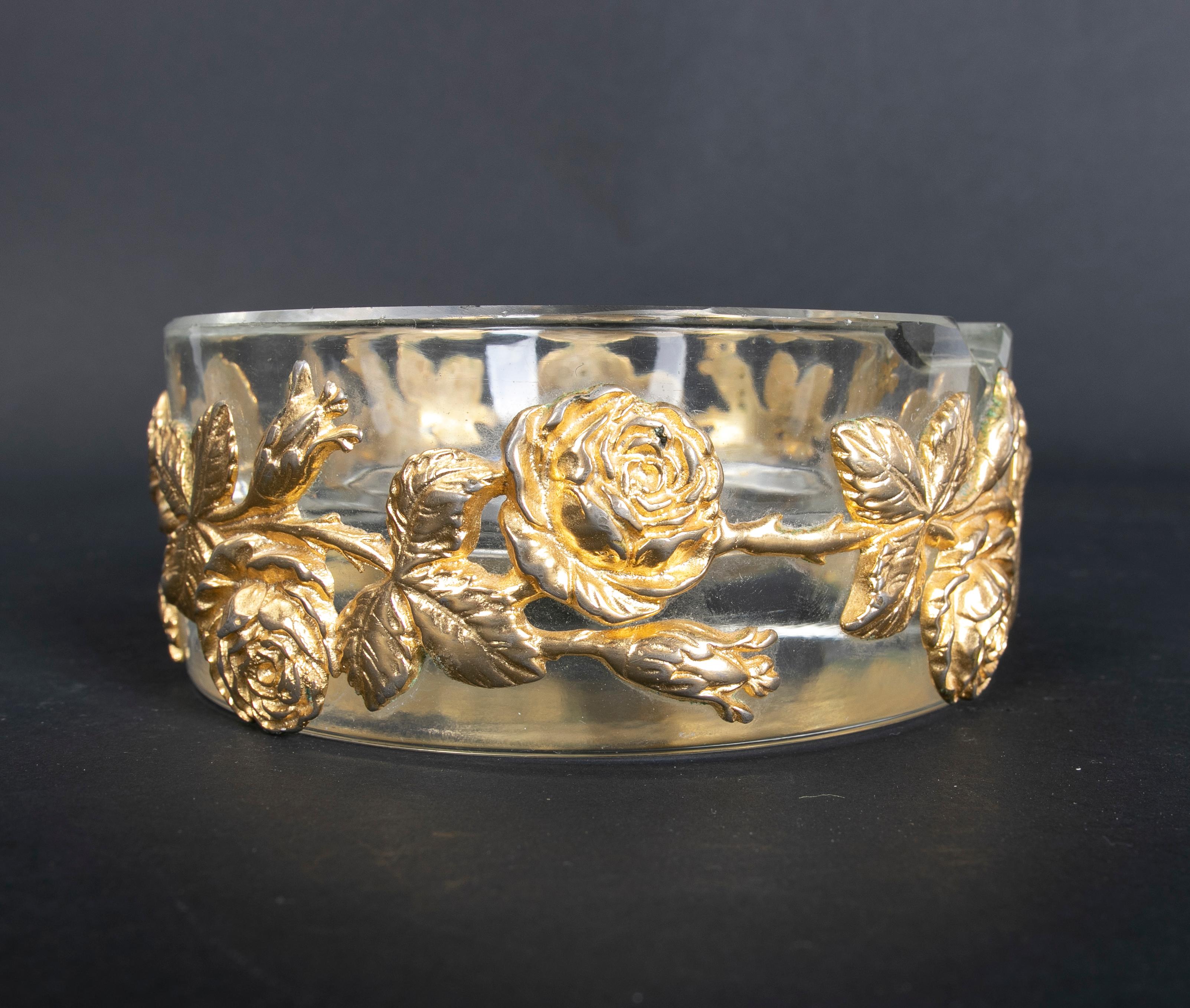 1980s Solid Glass Ashtray with Bronze Flowers Decoration 9