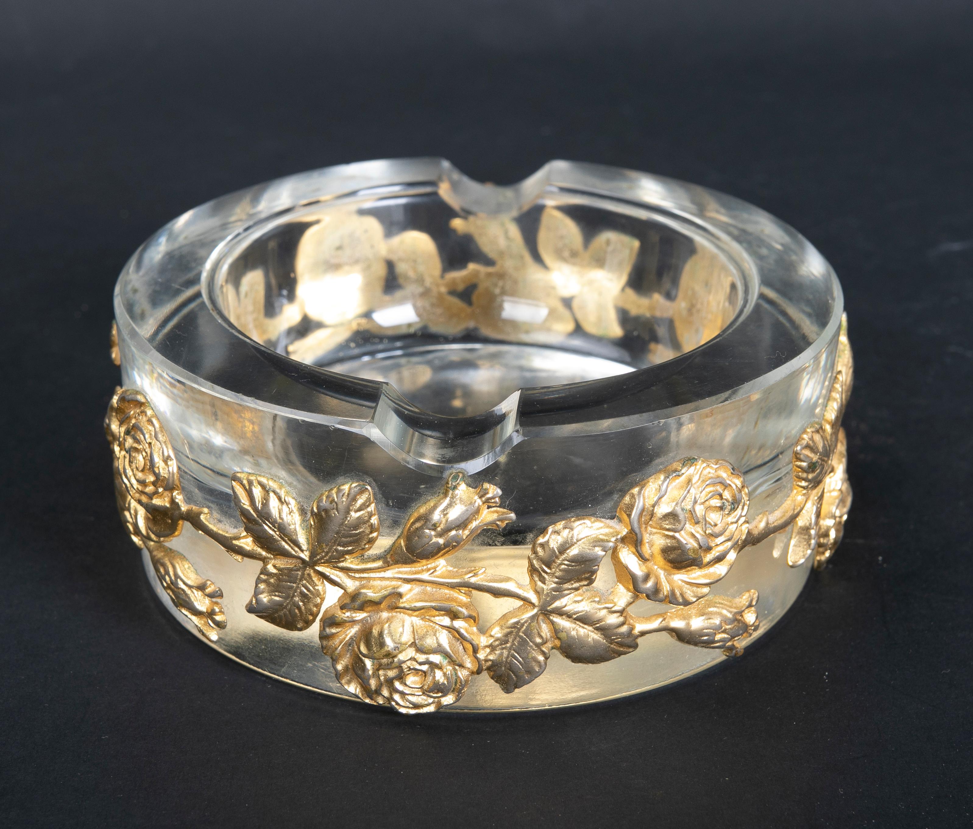 Italian 1980s Solid Glass Ashtray with Bronze Flowers Decoration