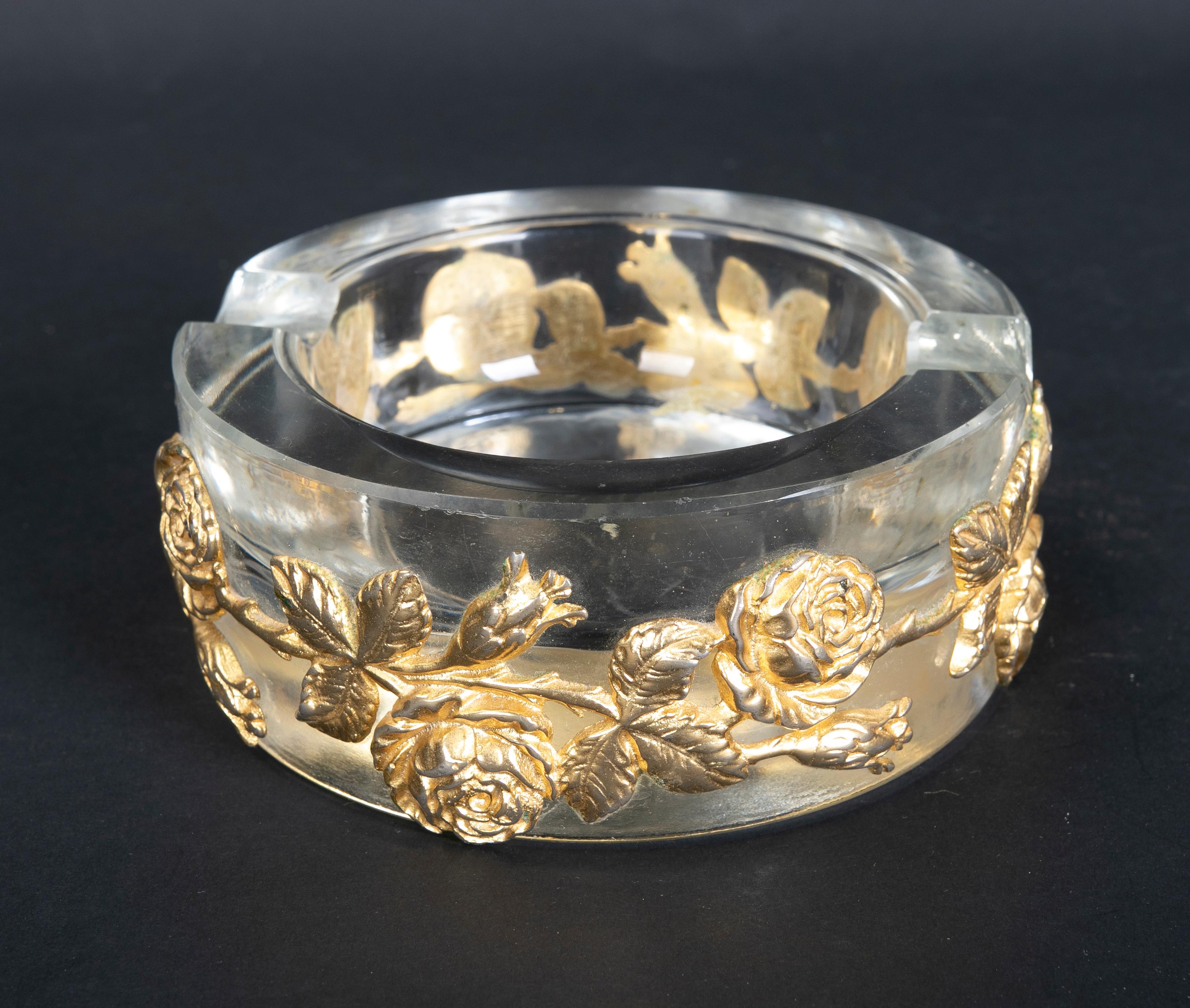 20th Century 1980s Solid Glass Ashtray with Bronze Flowers Decoration
