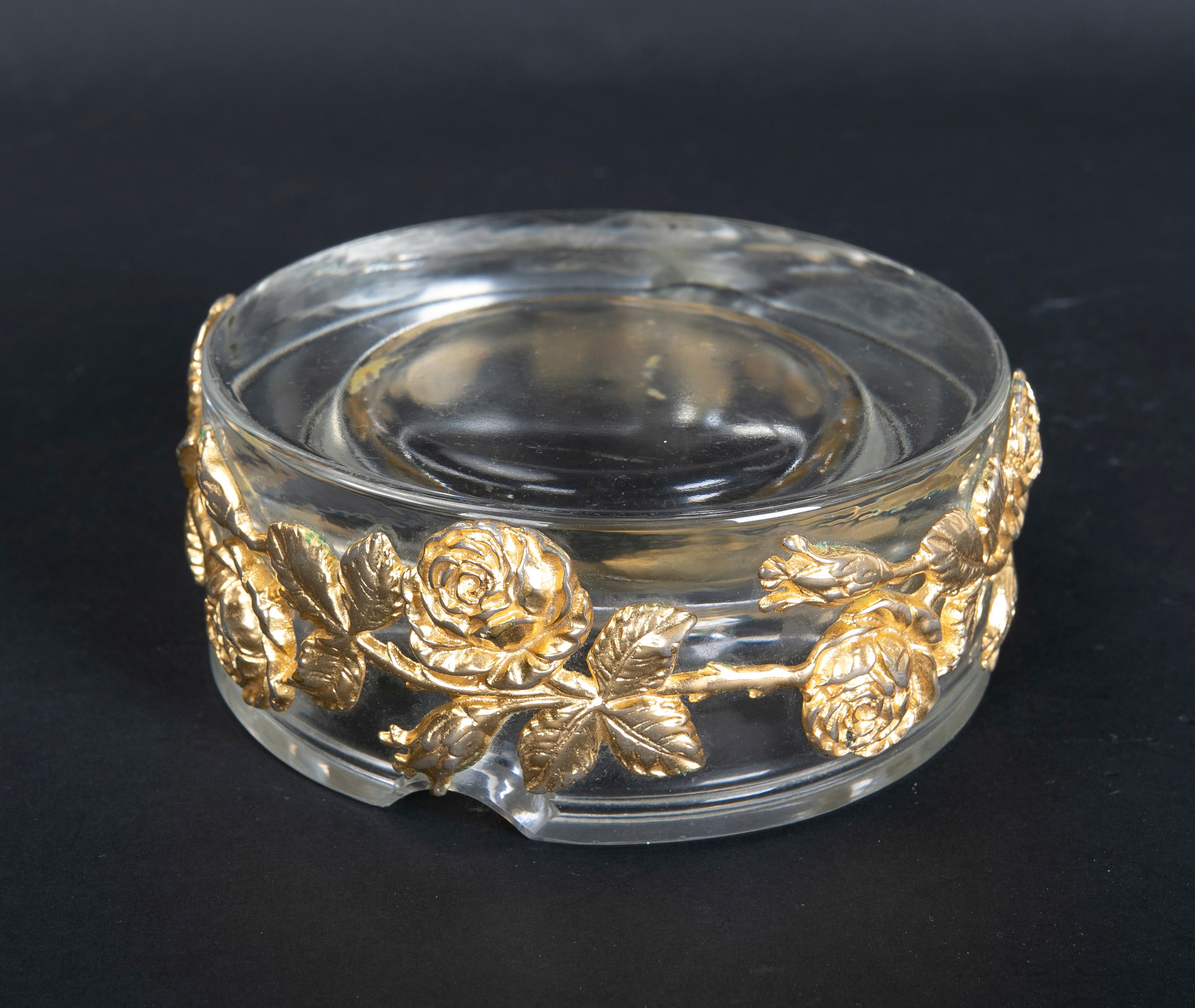 1980s Solid Glass Ashtray with Bronze Flowers Decoration 1