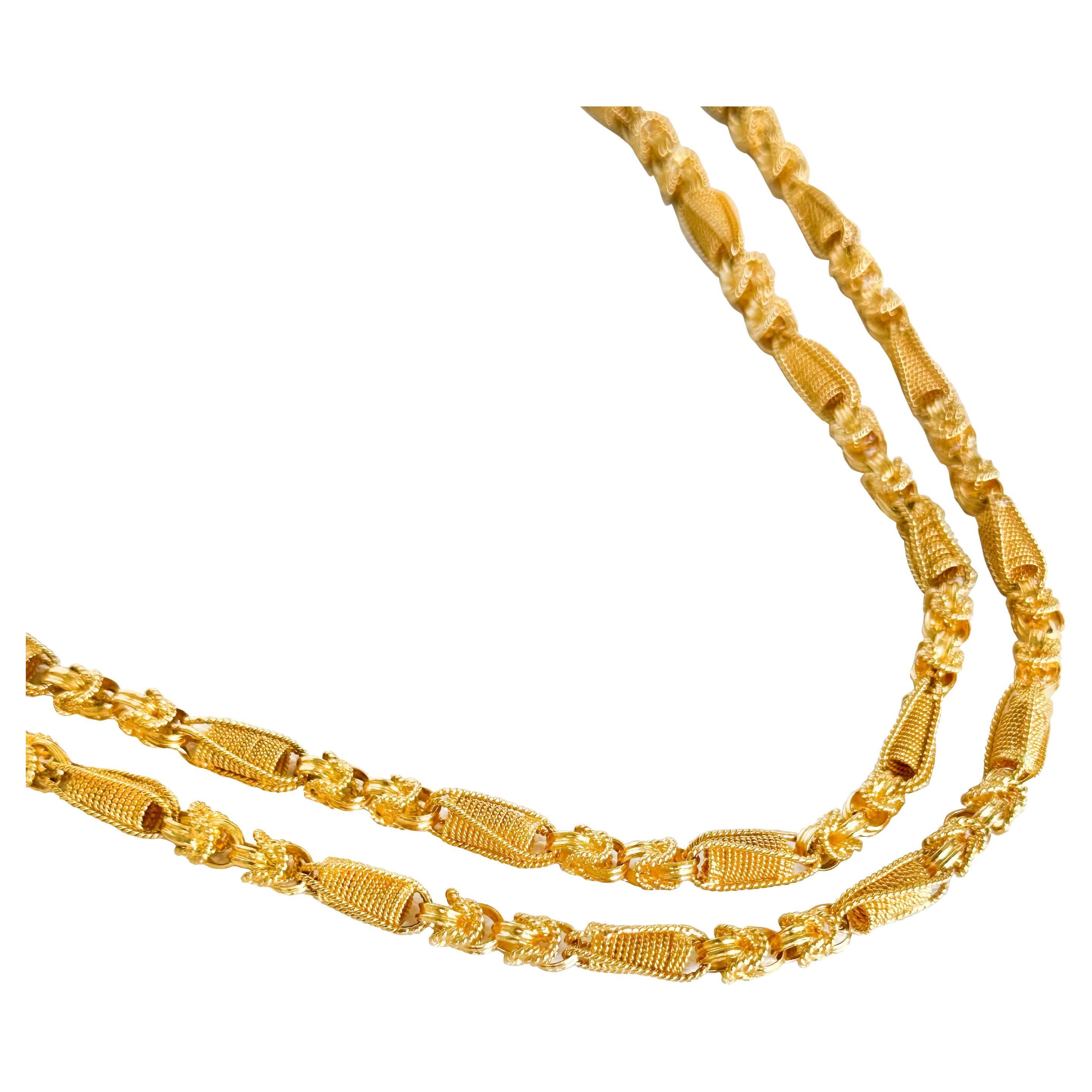 24K Yellow Gold Vintage Handmade Late Victorian French Link Necklace. No opening clasp. 
Necklace dimensions: 39 inches/99 cm.
Long column: 11.5 mm long x 3.76 mm wide.
Fancy clasp: 6.52 mm long by 3.61 mm wide.
Total weight: 81 grams.