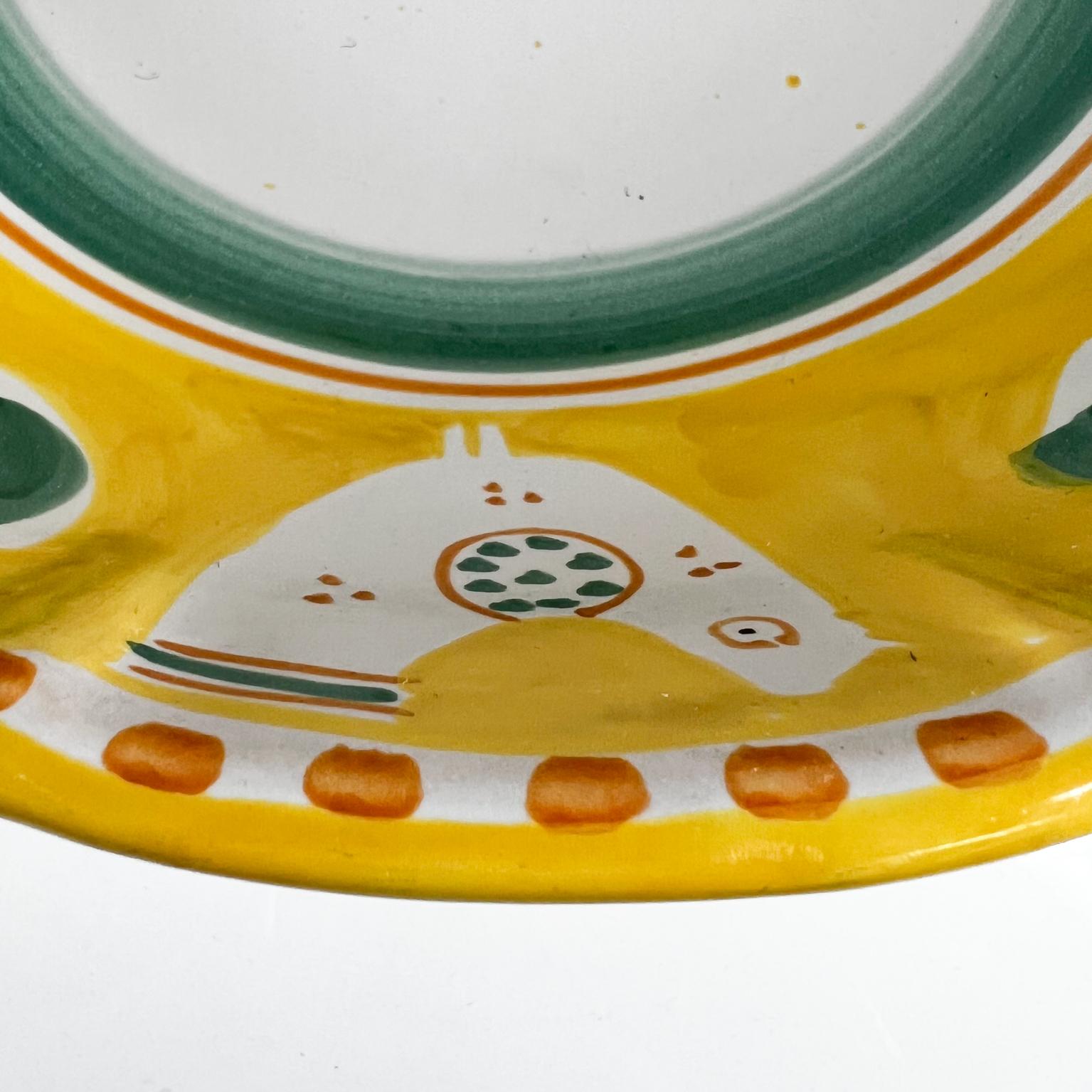 Italian 1980s Solimene Vietri Chicks Hand Painted Ceramic Bowl Yellow and Green Italy