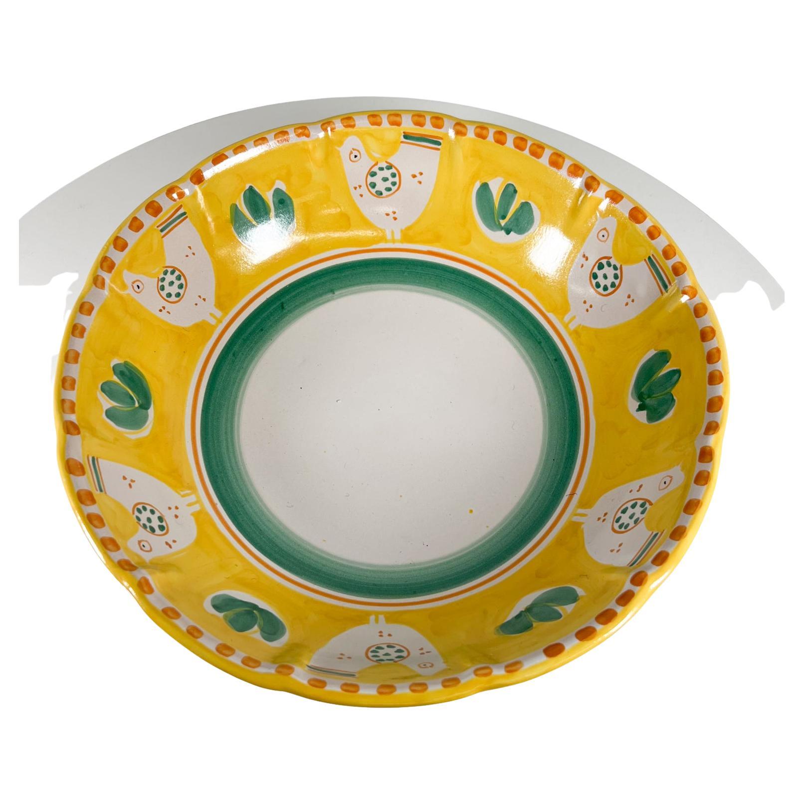 1980s Solimene Vietri Chicks Hand Painted Ceramic Bowl Yellow and Green Italy