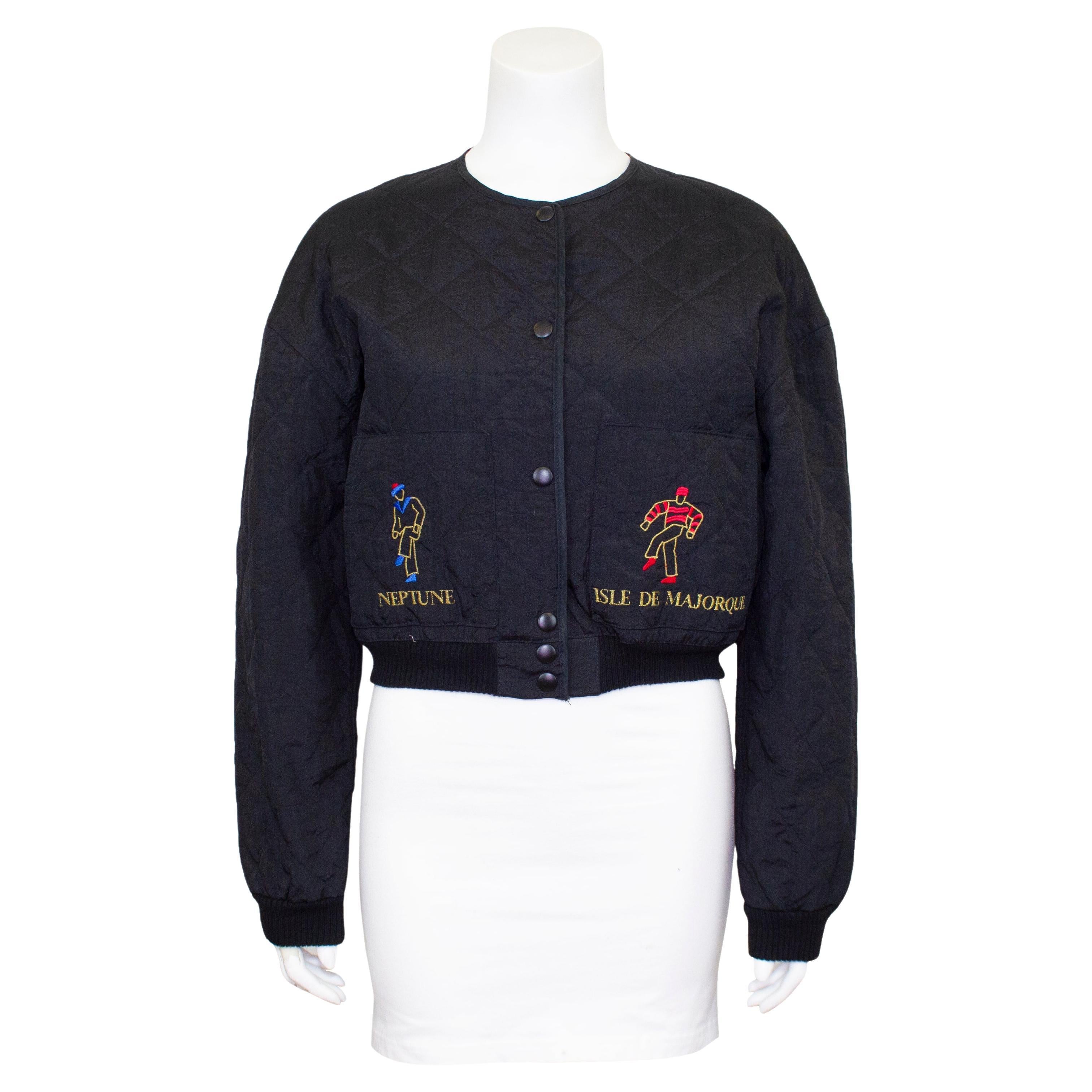 1980s Sonia Rykiel Black Diamond Quilted and Embroidered Bomber Jacket  For Sale