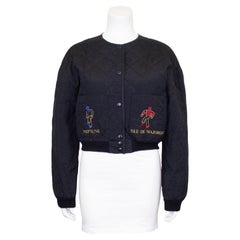 1980s Sonia Rykiel Black Diamond Quilted and Embroidered Bomber Jacket 