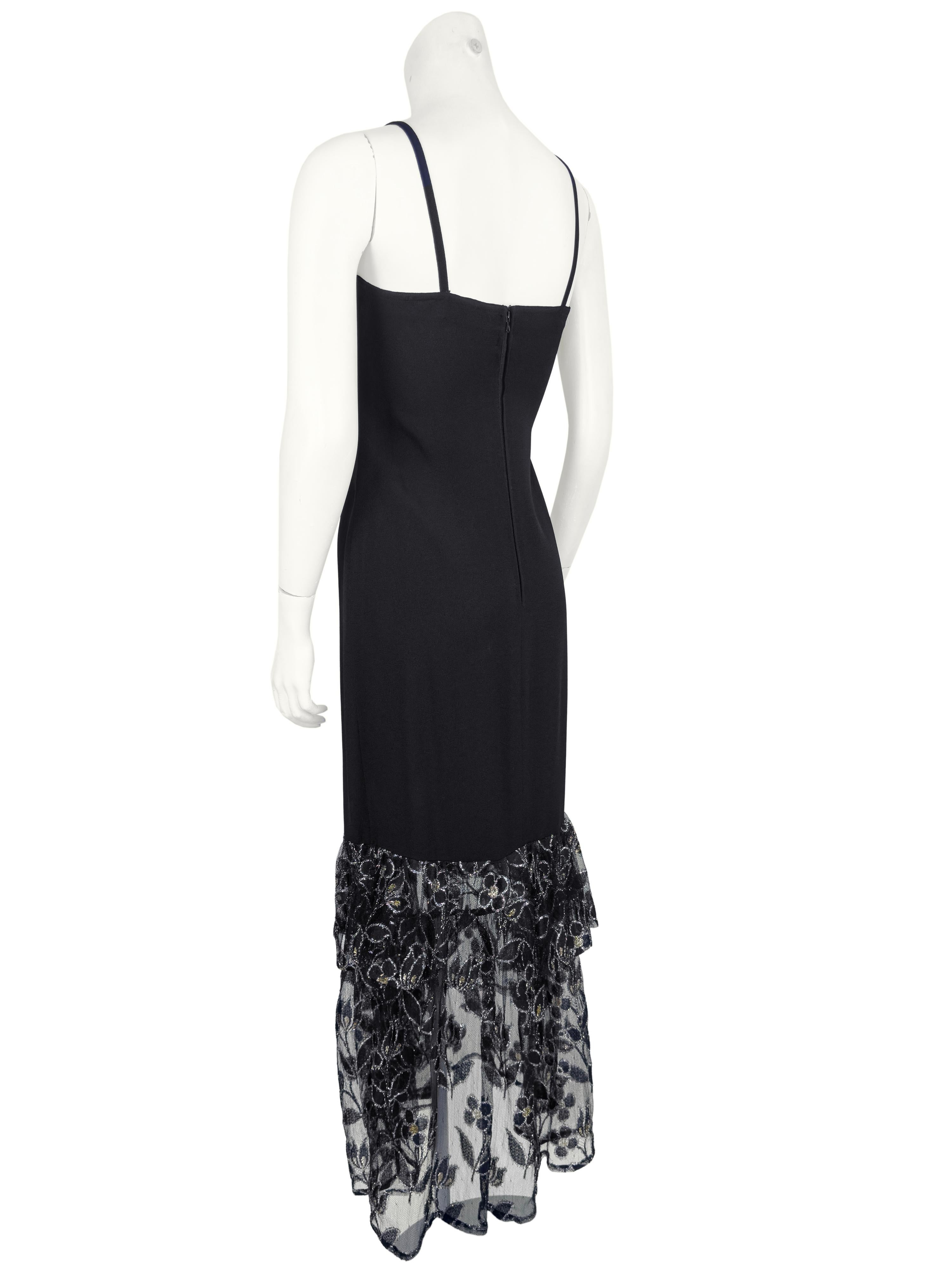 1980s Sonia Rykiel Black Gown with Gold and Silver Lace Flounce Hem In Good Condition In Toronto, Ontario