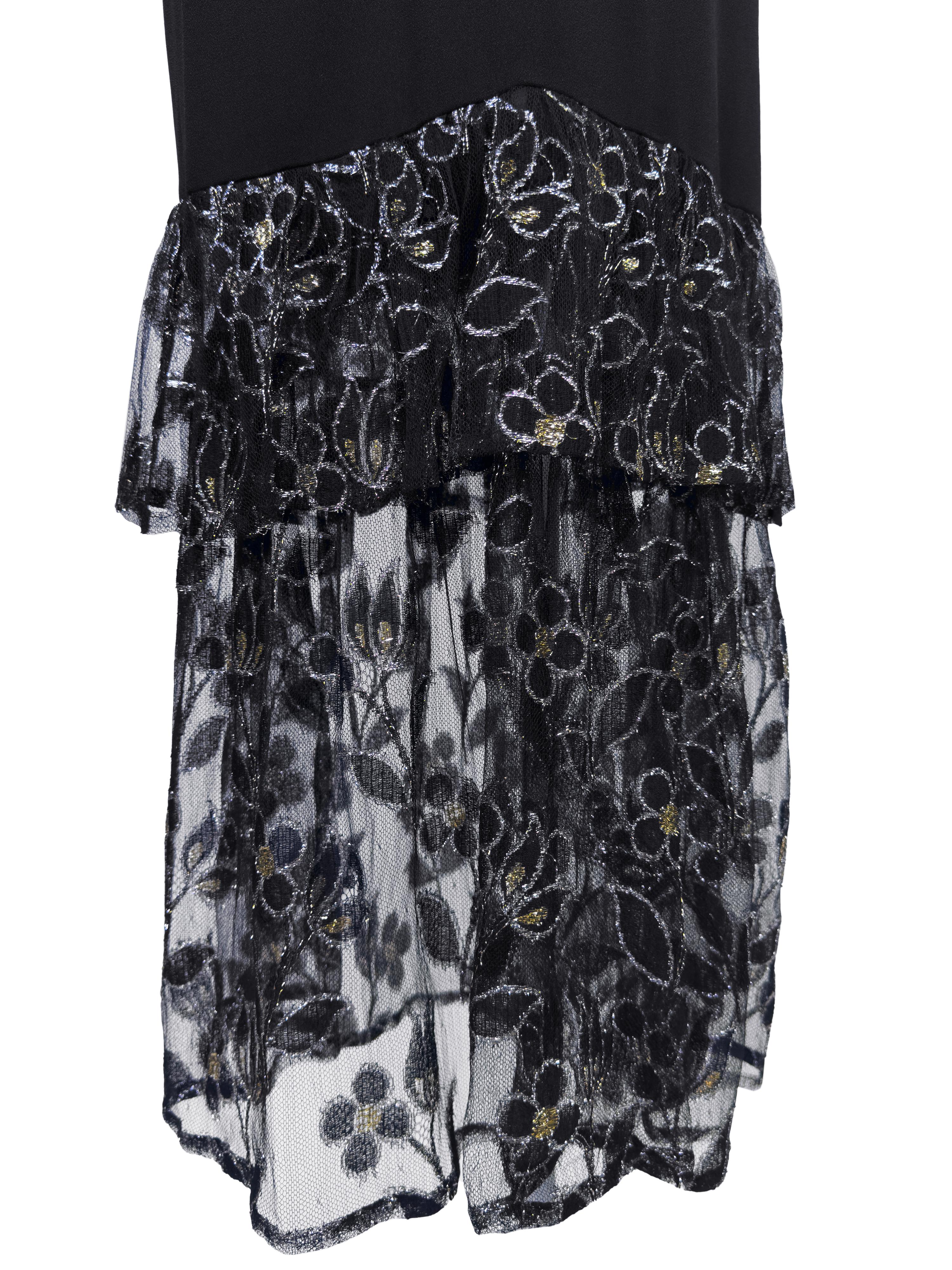Women's 1980s Sonia Rykiel Black Gown with Gold and Silver Lace Flounce Hem