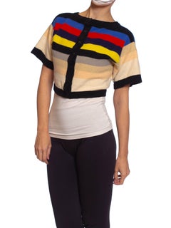 SONIA RYKIEL Pull court à manches courtes en laine tricotée à rayures et à manches courtes, années 1980