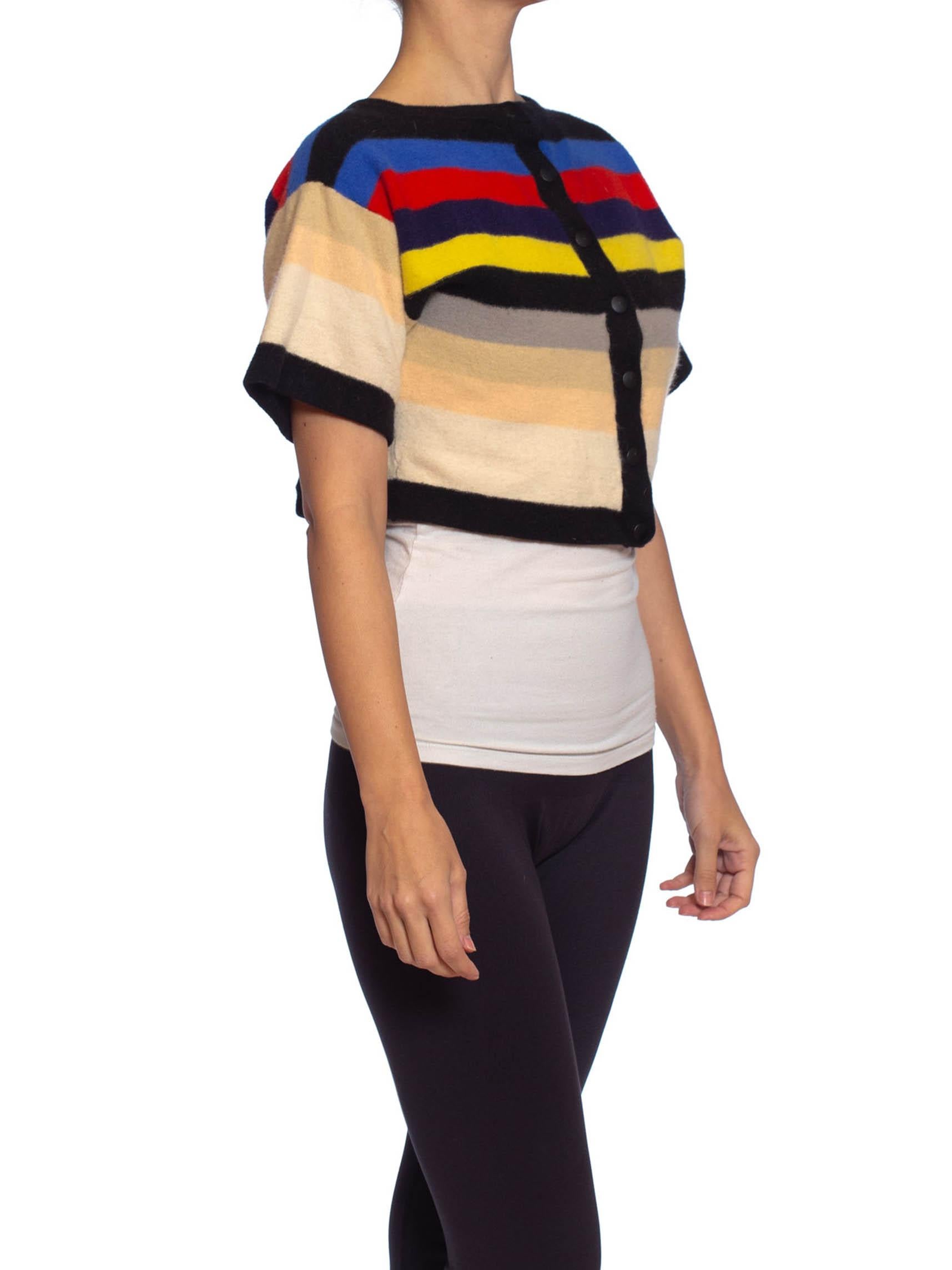 Women's 1980S SONIA RYKIEL Boiled Wool Knit Stripe Short Sleeve Cropped Sweater
