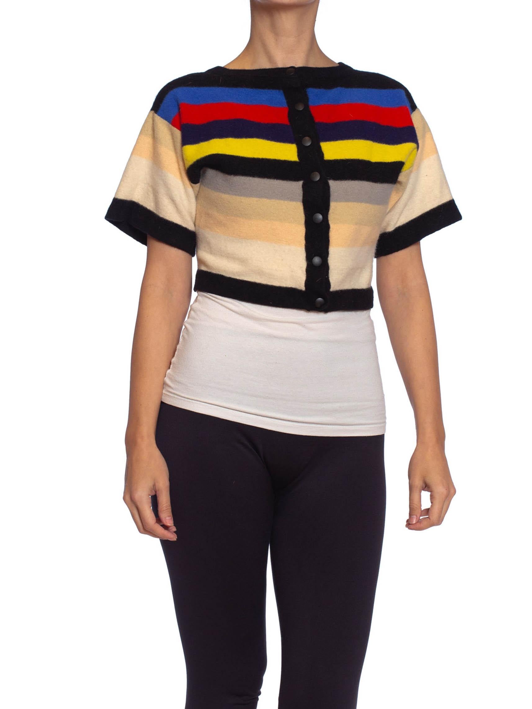 1980S SONIA RYKIEL Boiled Wool Knit Stripe Short Sleeve Cropped Sweater 3